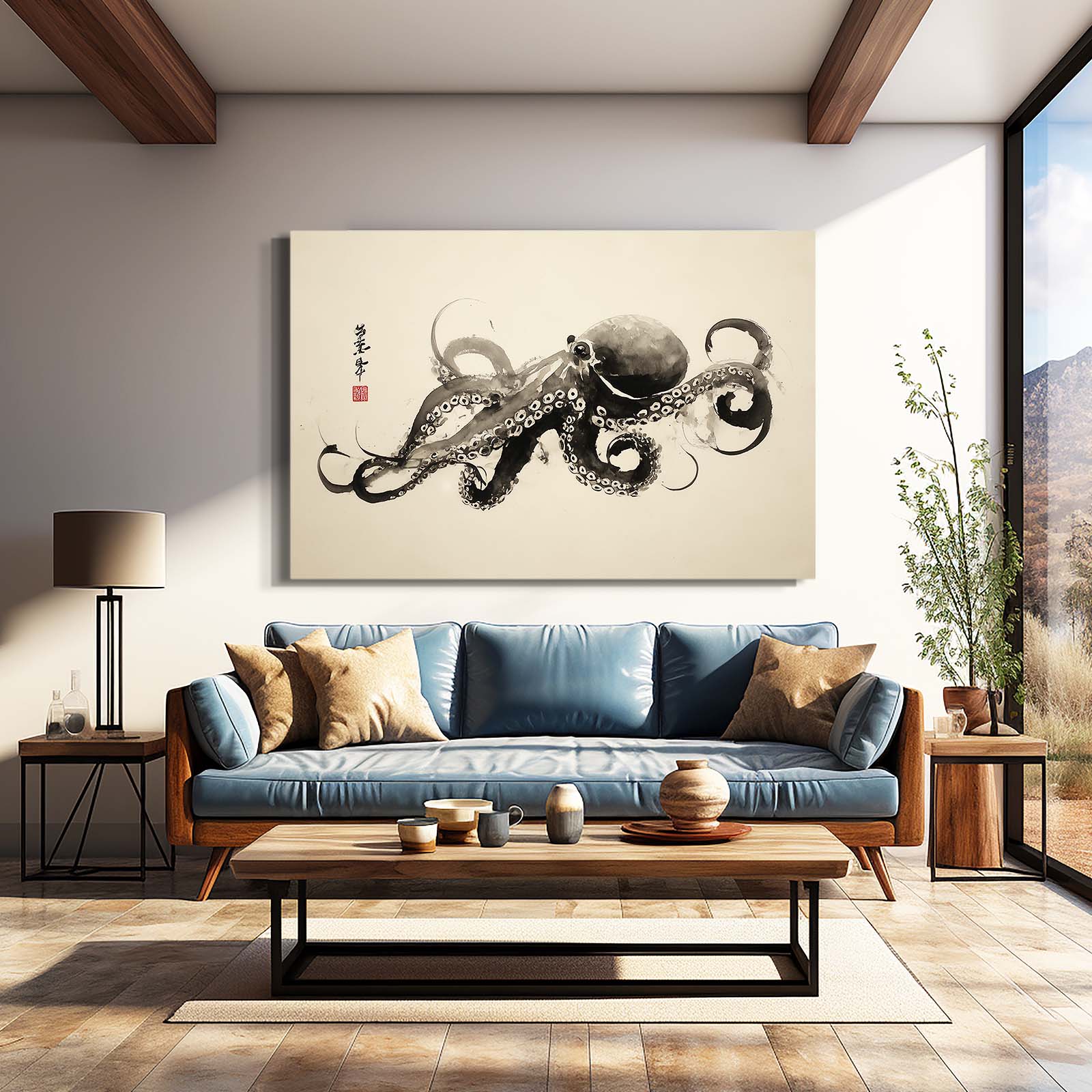 Sumi Ink Scroll Octopus Canvas Art – styled in a furnished interior