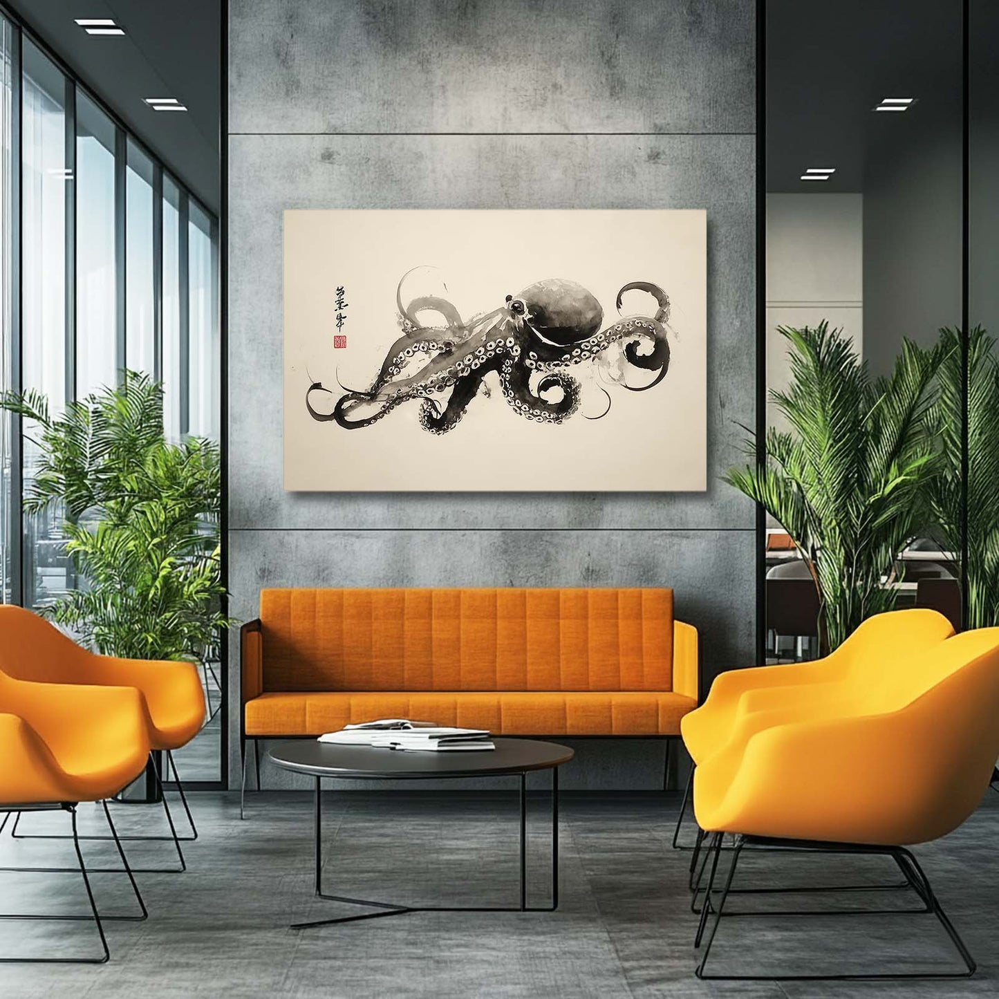 Sumi Ink Scroll Octopus Canvas Art – styled in a furnished interior