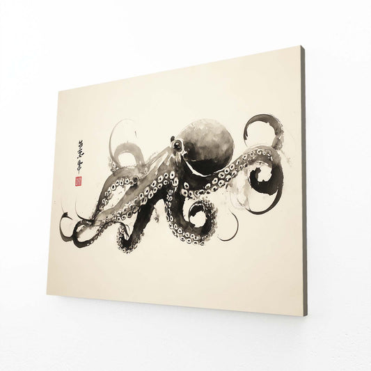 Sumi Ink Scroll Octopus Canvas Art – angled canvas view on white background