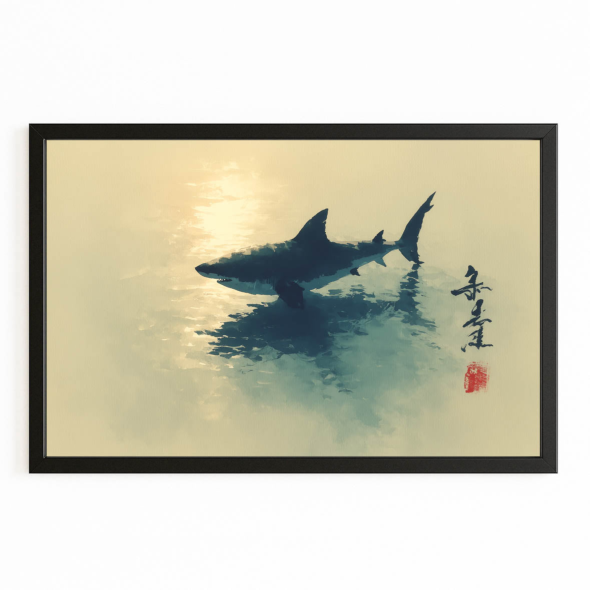Sumi Ink Sunset Shark Wall Decor – with Premium Black frame on white background