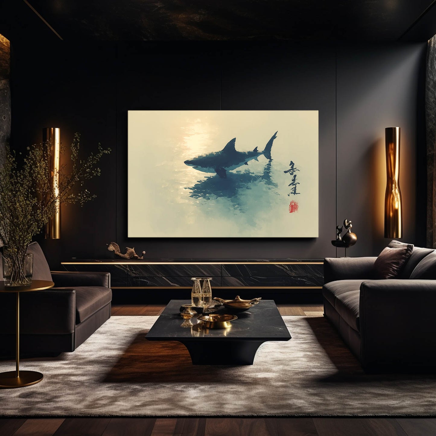 Sumi Ink Sunset Shark Wall Decor – styled in a furnished interior