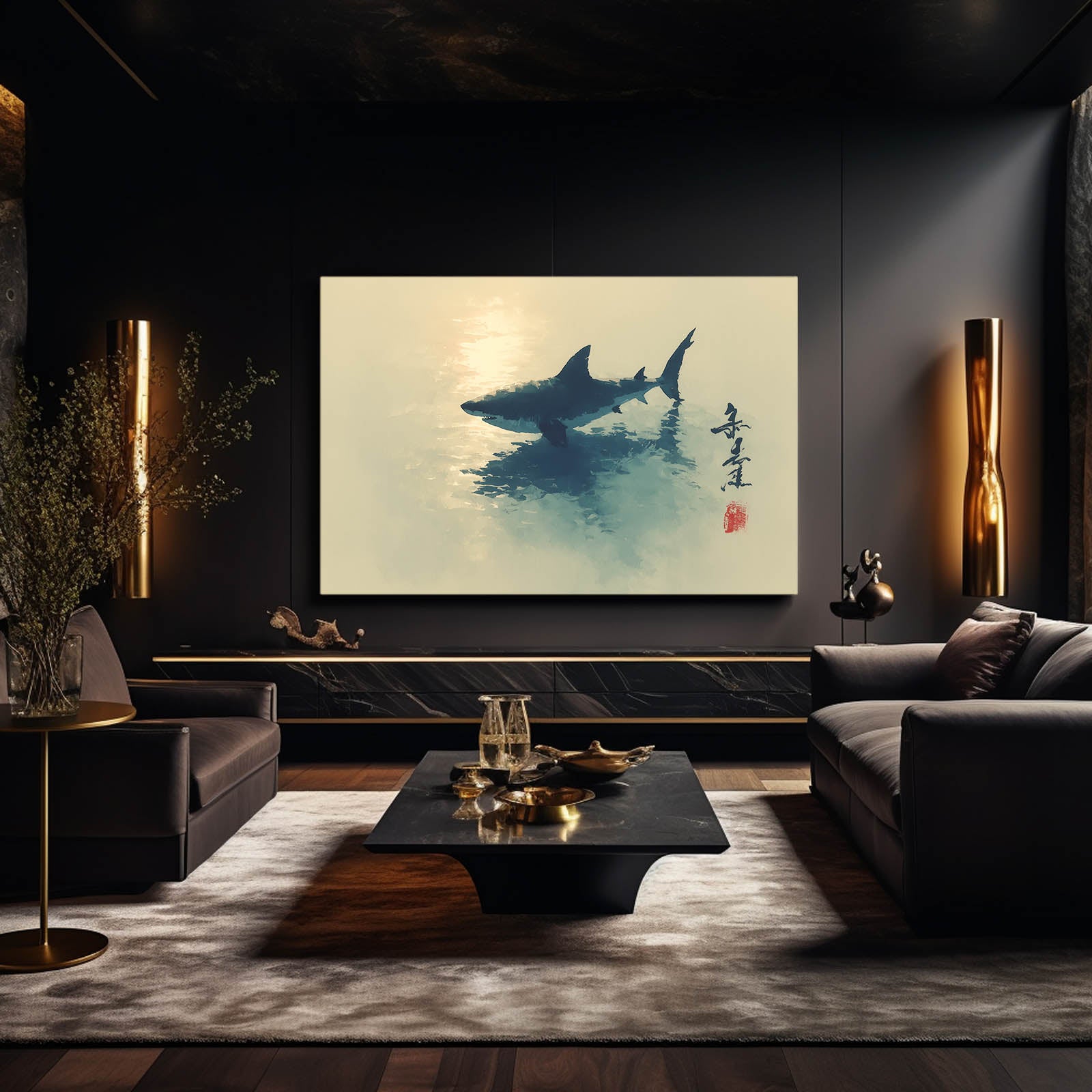 Sumi Ink Sunset Shark Wall Decor – styled in a furnished interior