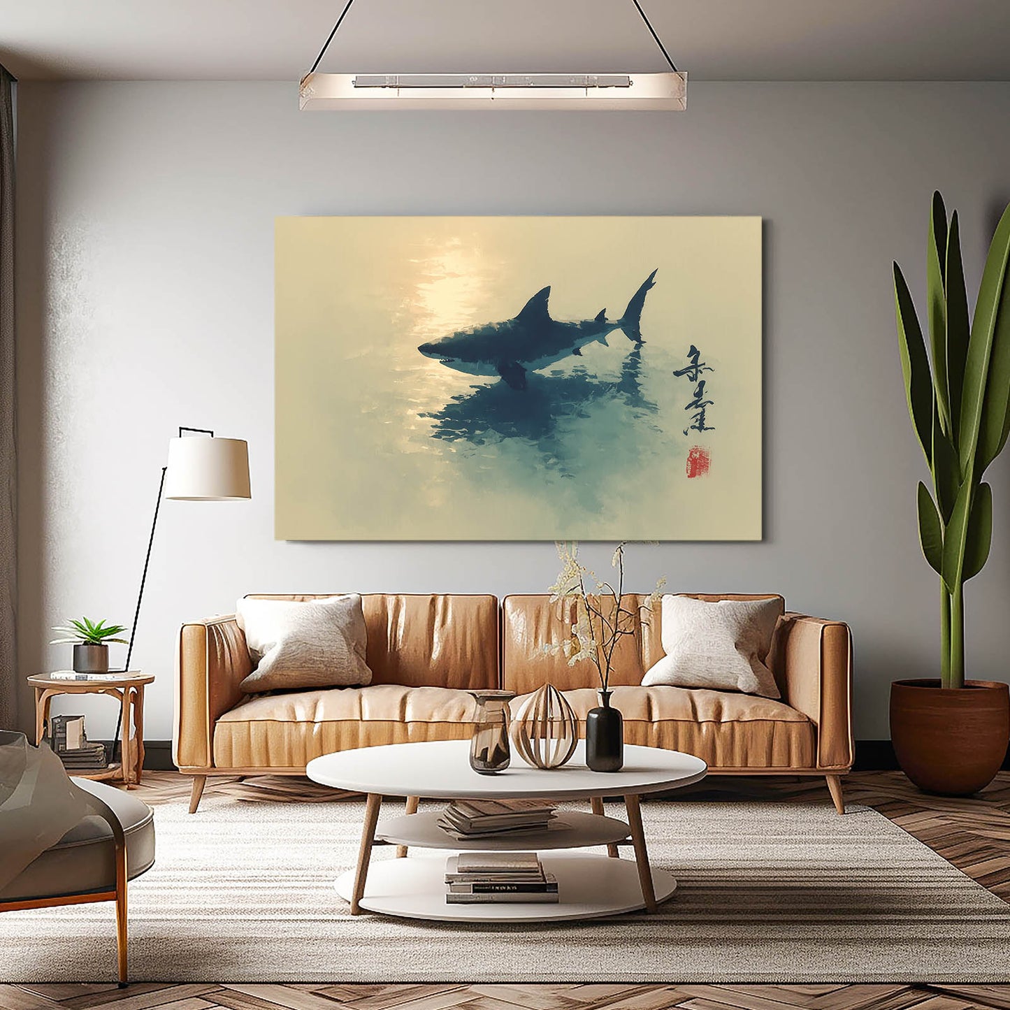 Sumi Ink Sunset Shark Wall Decor – styled in a furnished interior