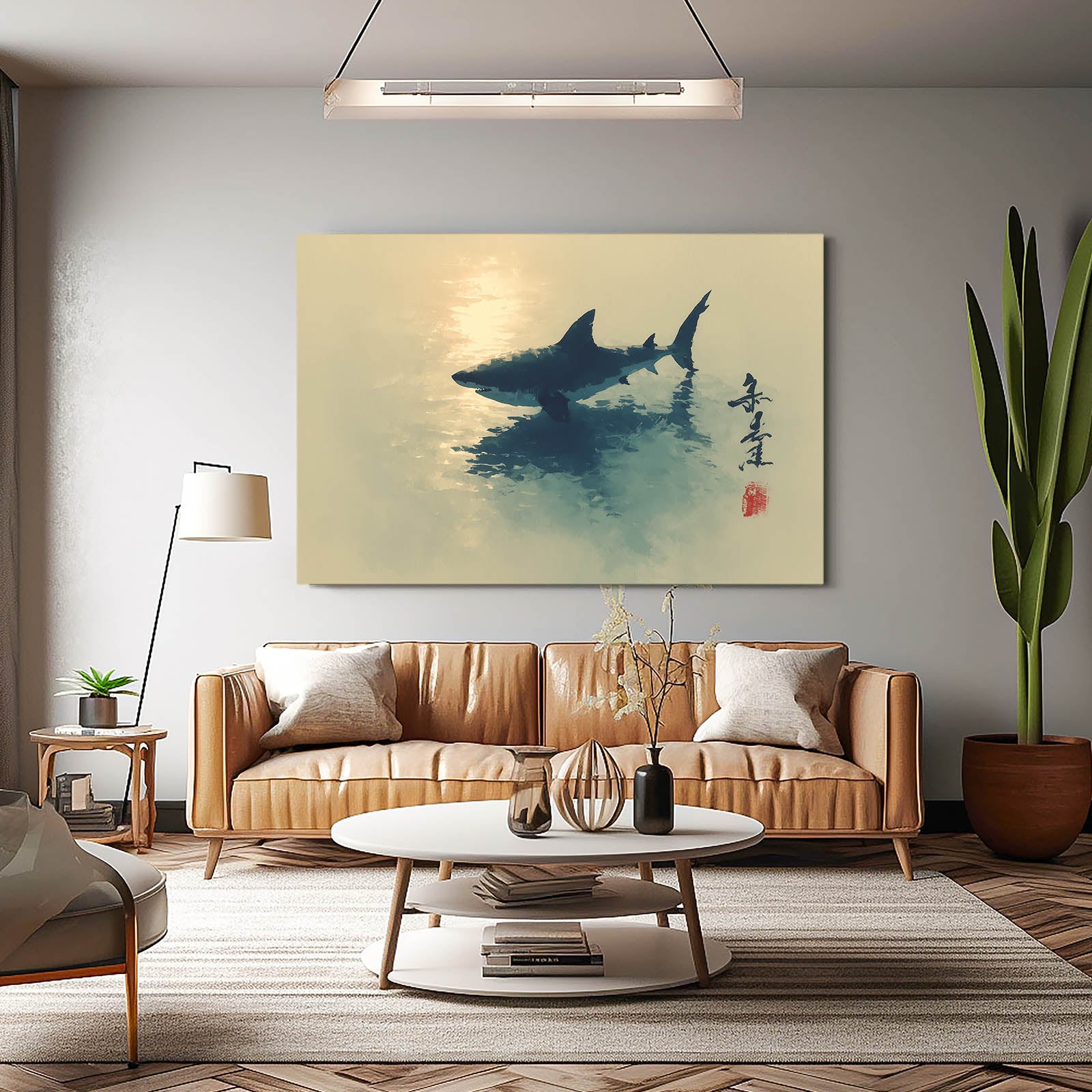 Sumi Ink Sunset Shark Wall Decor – styled in a furnished interior