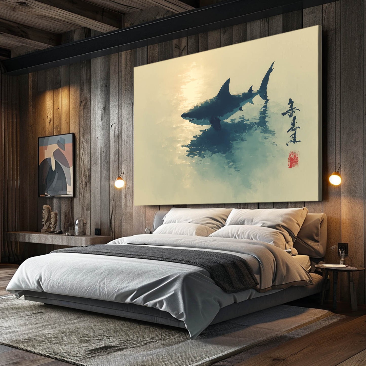 Sumi Ink Sunset Shark Wall Decor – styled in a furnished interior