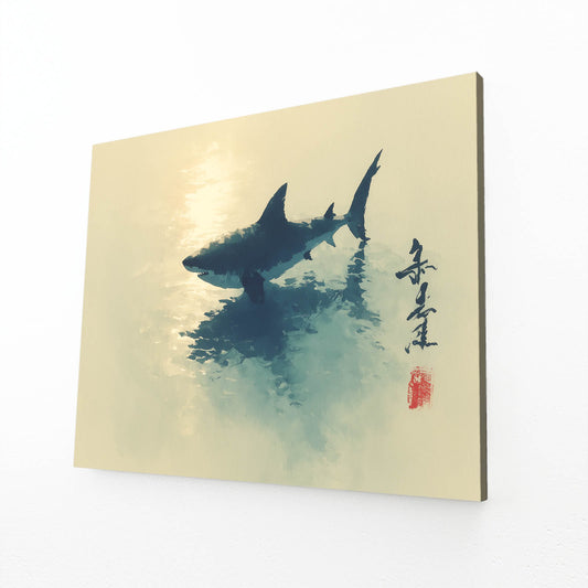 Sumi Ink Sunset Shark Wall Decor – angled canvas view on white background