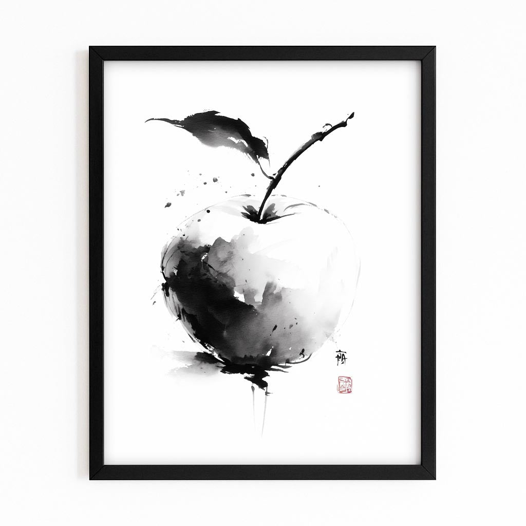 Sumi Ink Wash Apple Wall Decor – with Premium Black frame on white background