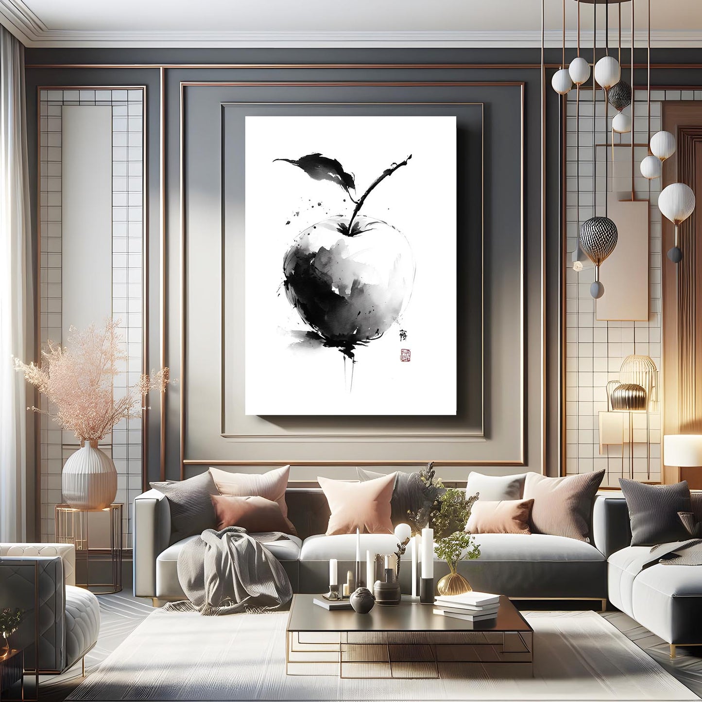 Sumi Ink Wash Apple Wall Decor – styled in a furnished interior