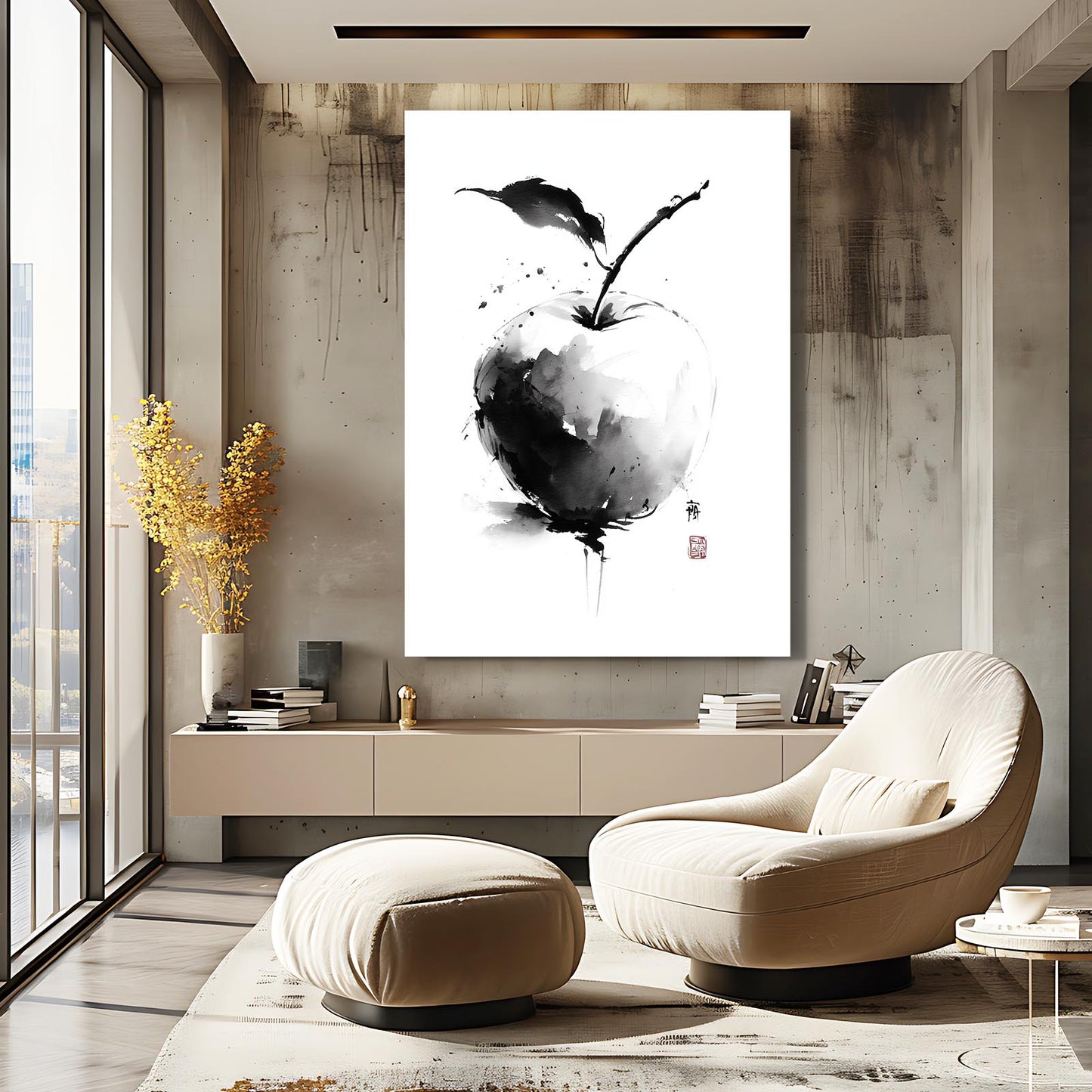 Sumi Ink Wash Apple Wall Decor – styled in a furnished interior