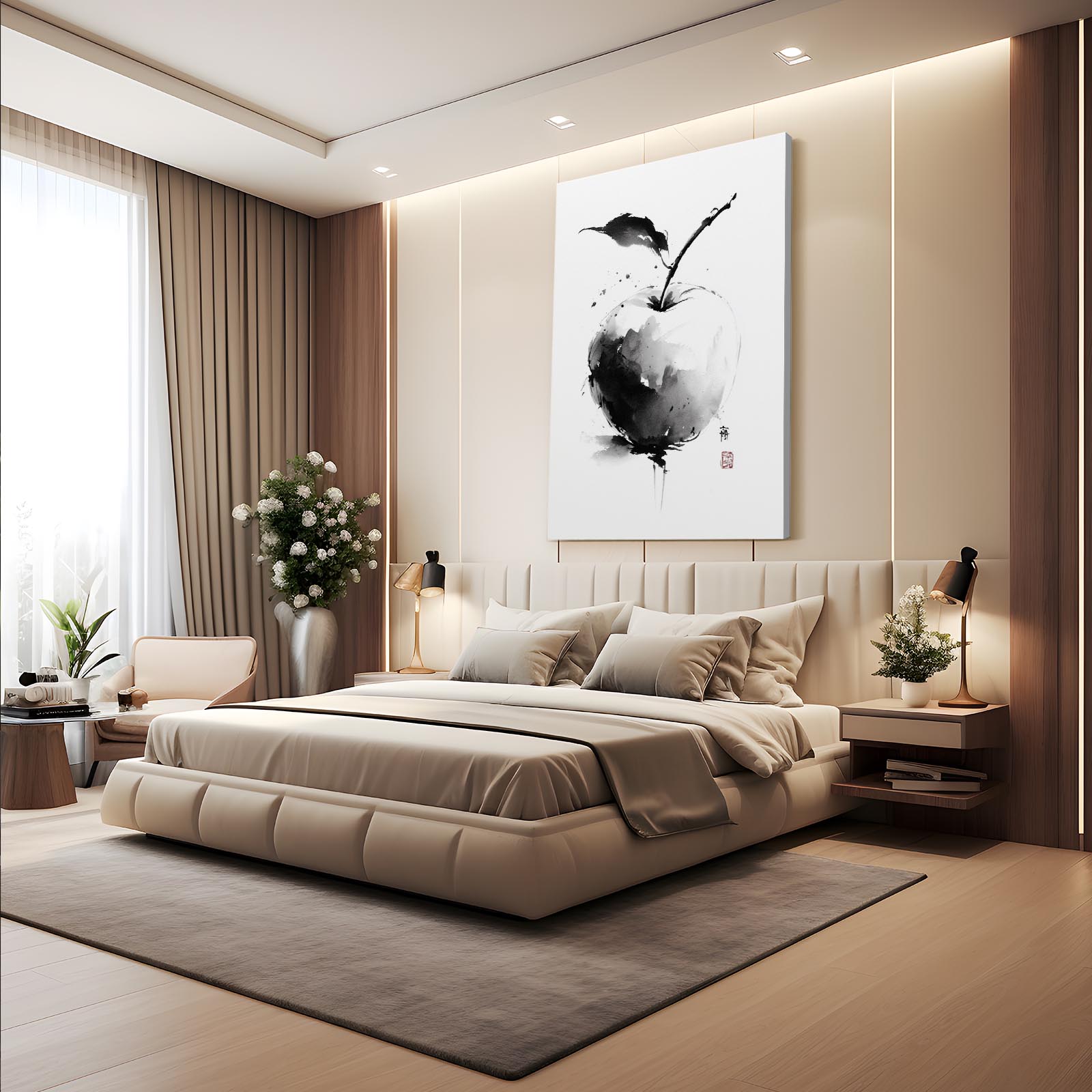 Sumi Ink Wash Apple Wall Decor – styled in a furnished interior