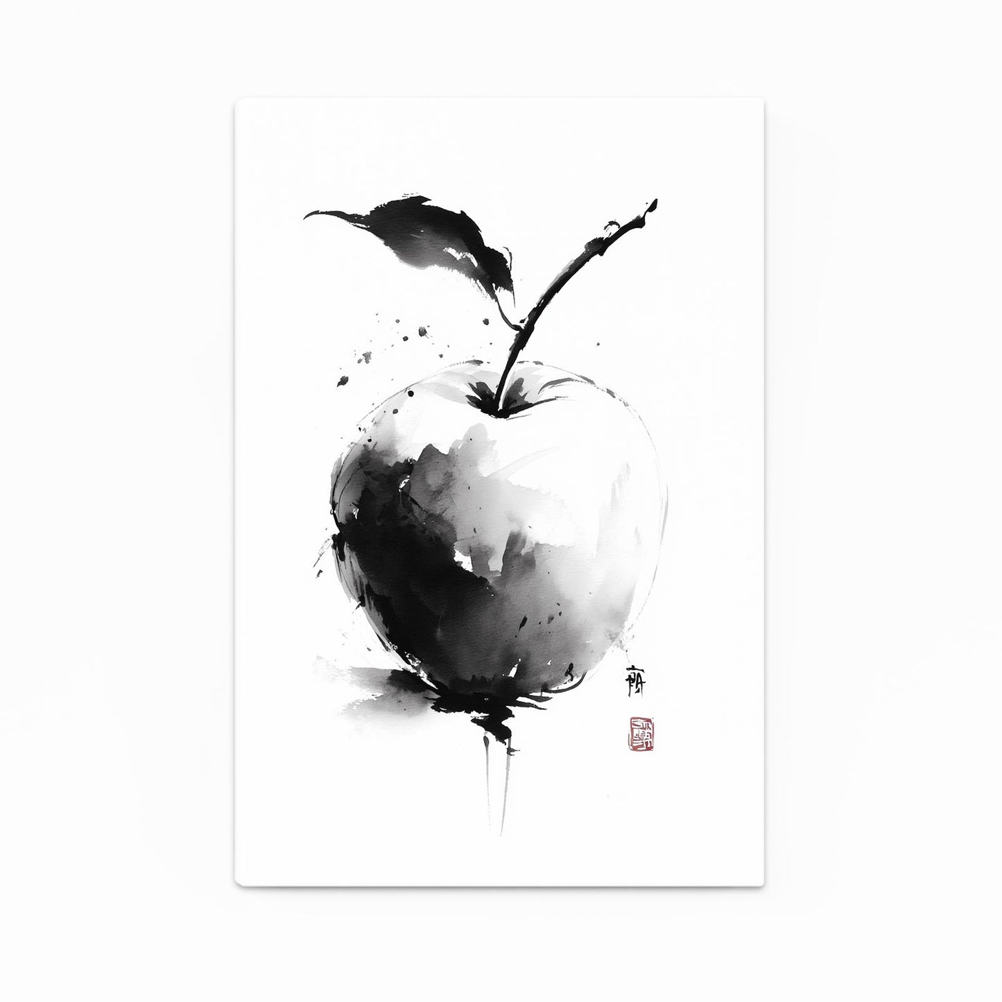 Sumi Ink Wash Apple Wall Decor – angled canvas view on white background