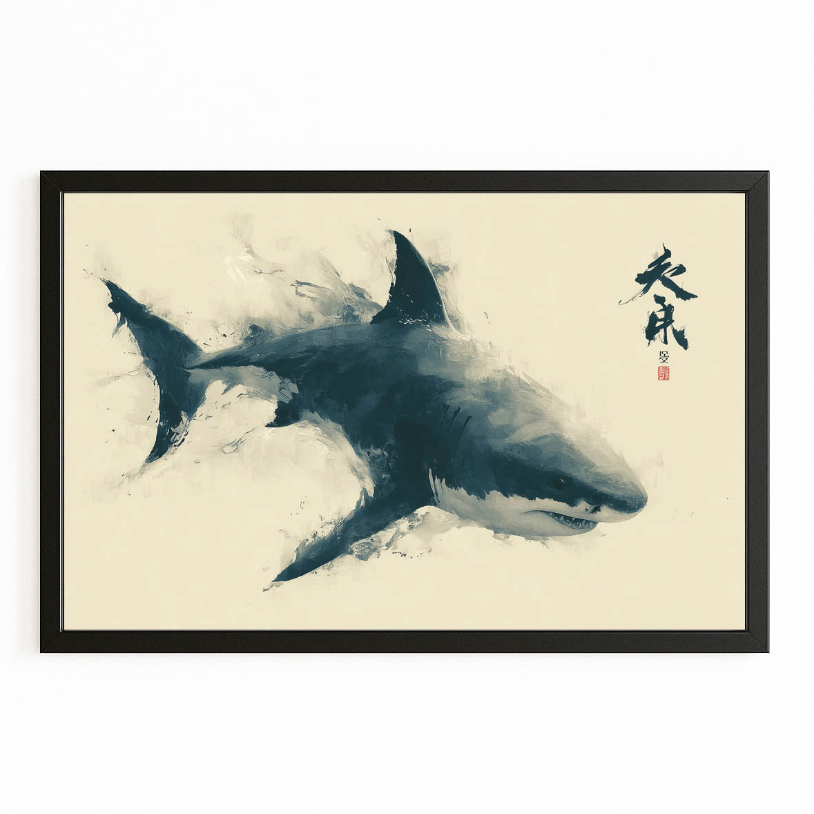 Sumi Ink Wash Shark Canvas – with Premium Black frame on white background