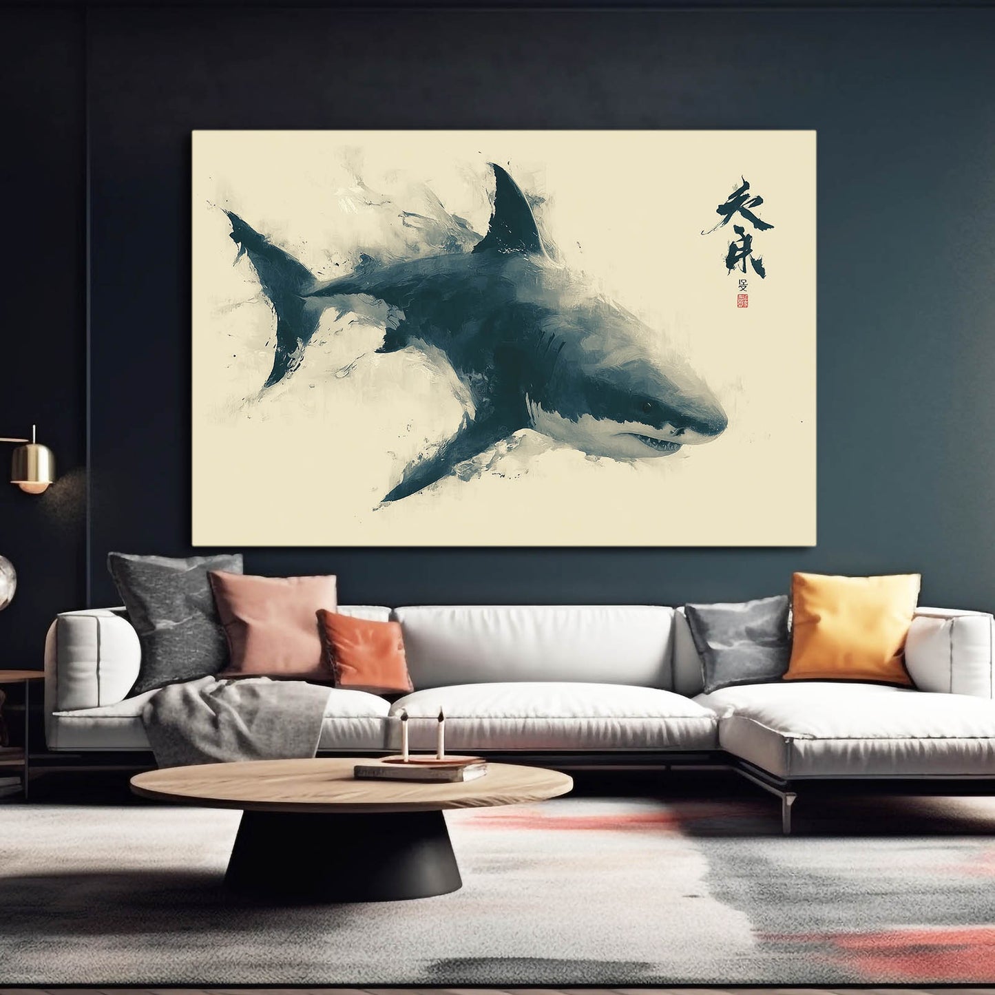 Sumi Ink Wash Shark Canvas – styled in a furnished interior
