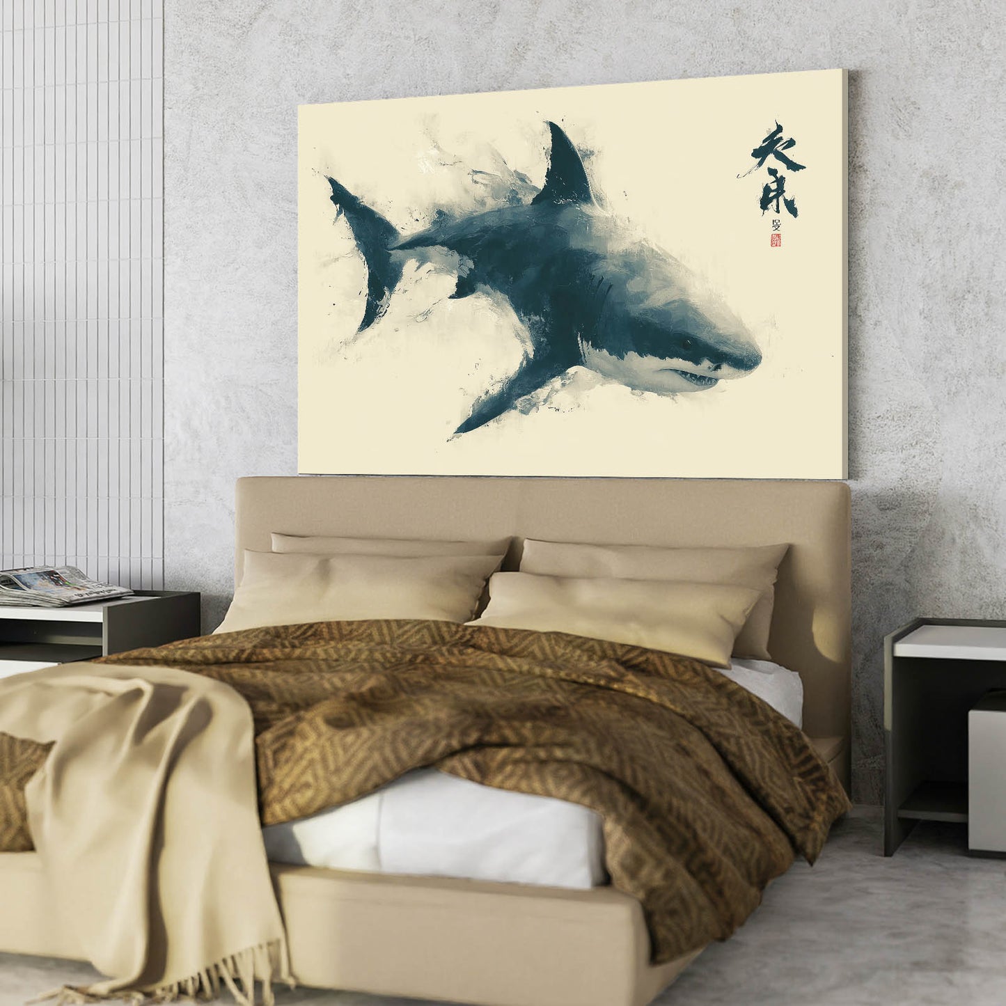Sumi Ink Wash Shark Canvas – styled in a furnished interior