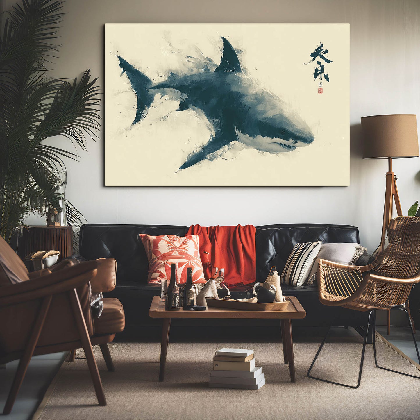 Sumi Ink Wash Shark Canvas – styled in a furnished interior