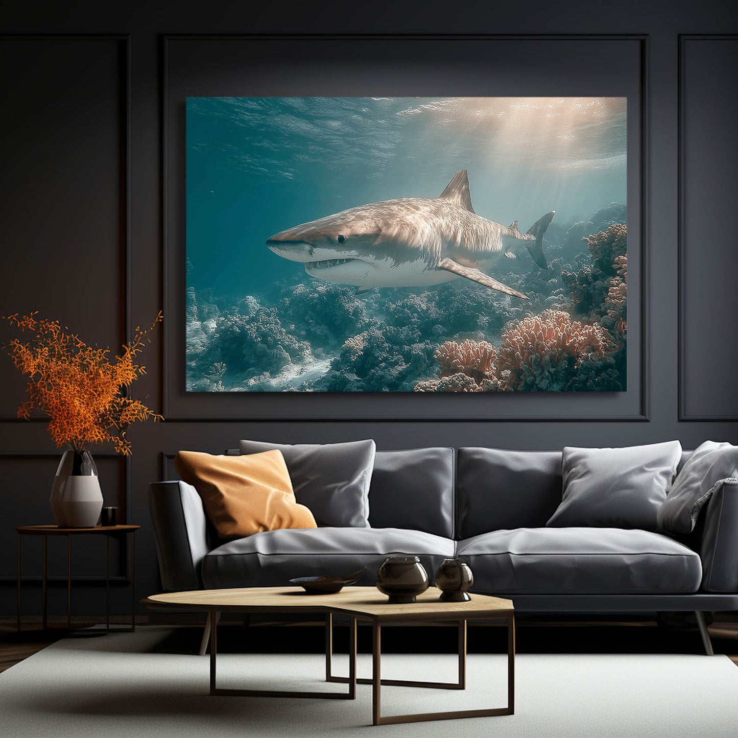Sunbeam Reef Shark Canvas Art – styled in a furnished interior