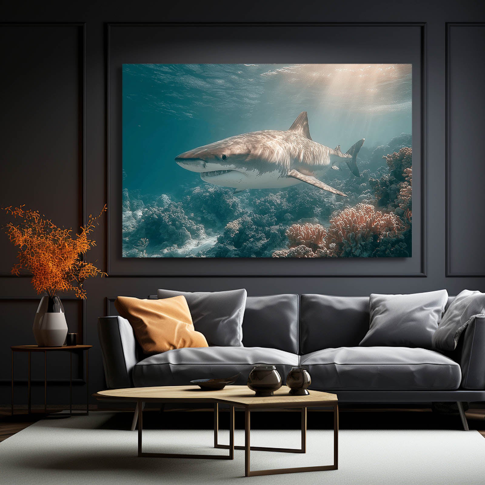 Sunbeam Reef Shark Canvas Art – styled in a furnished interior