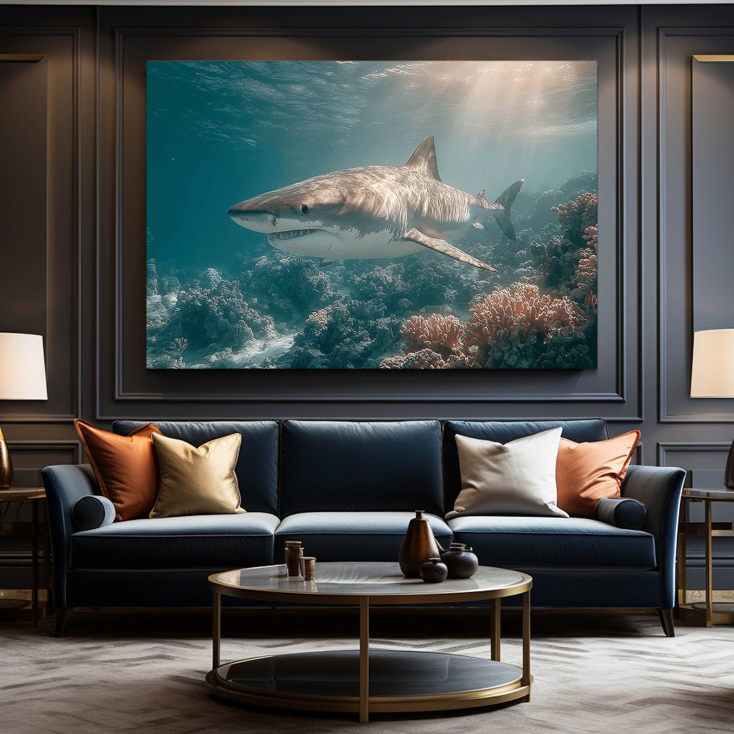 Sunbeam Reef Shark Canvas Art – styled in a furnished interior