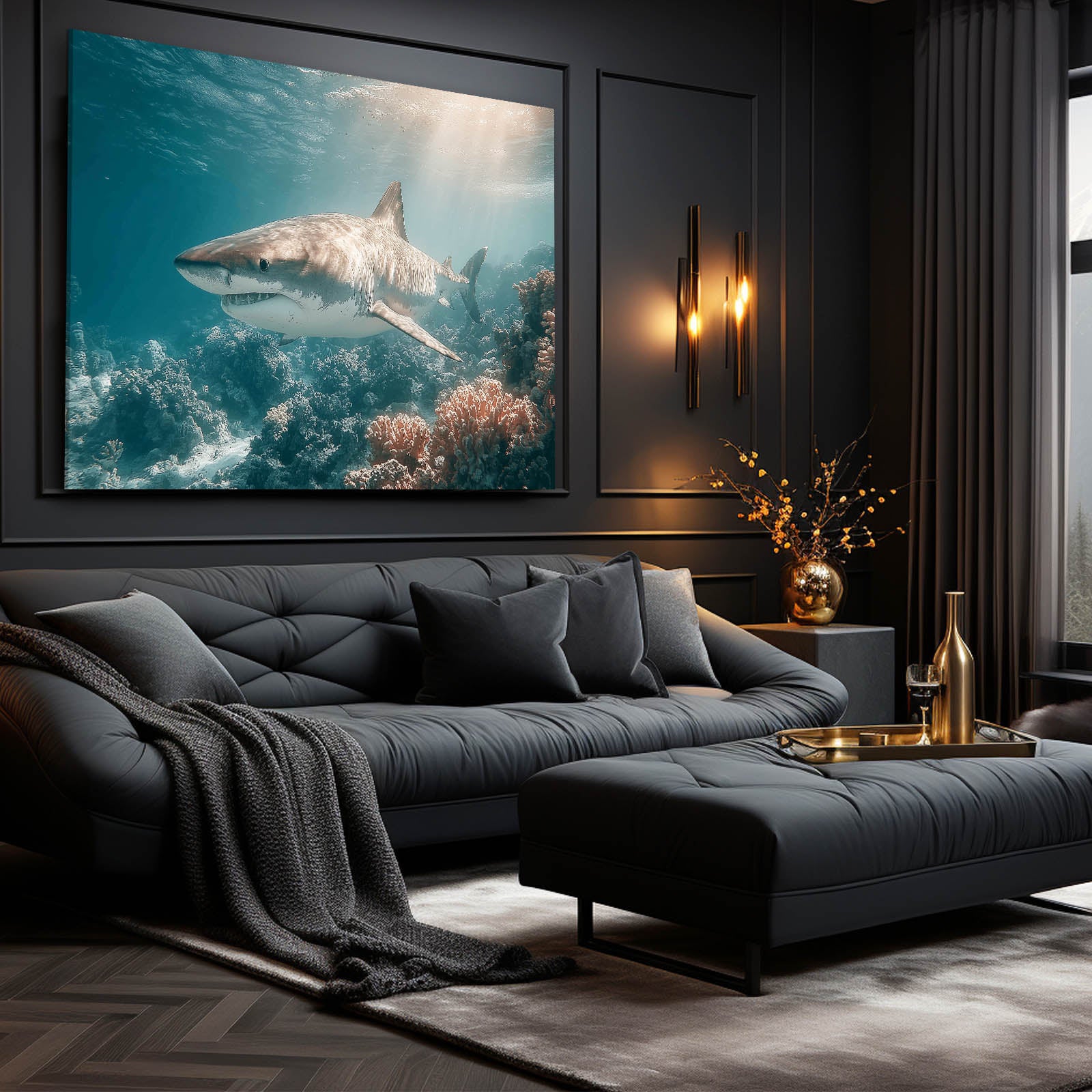 Sunbeam Reef Shark Canvas Art – styled in a furnished interior