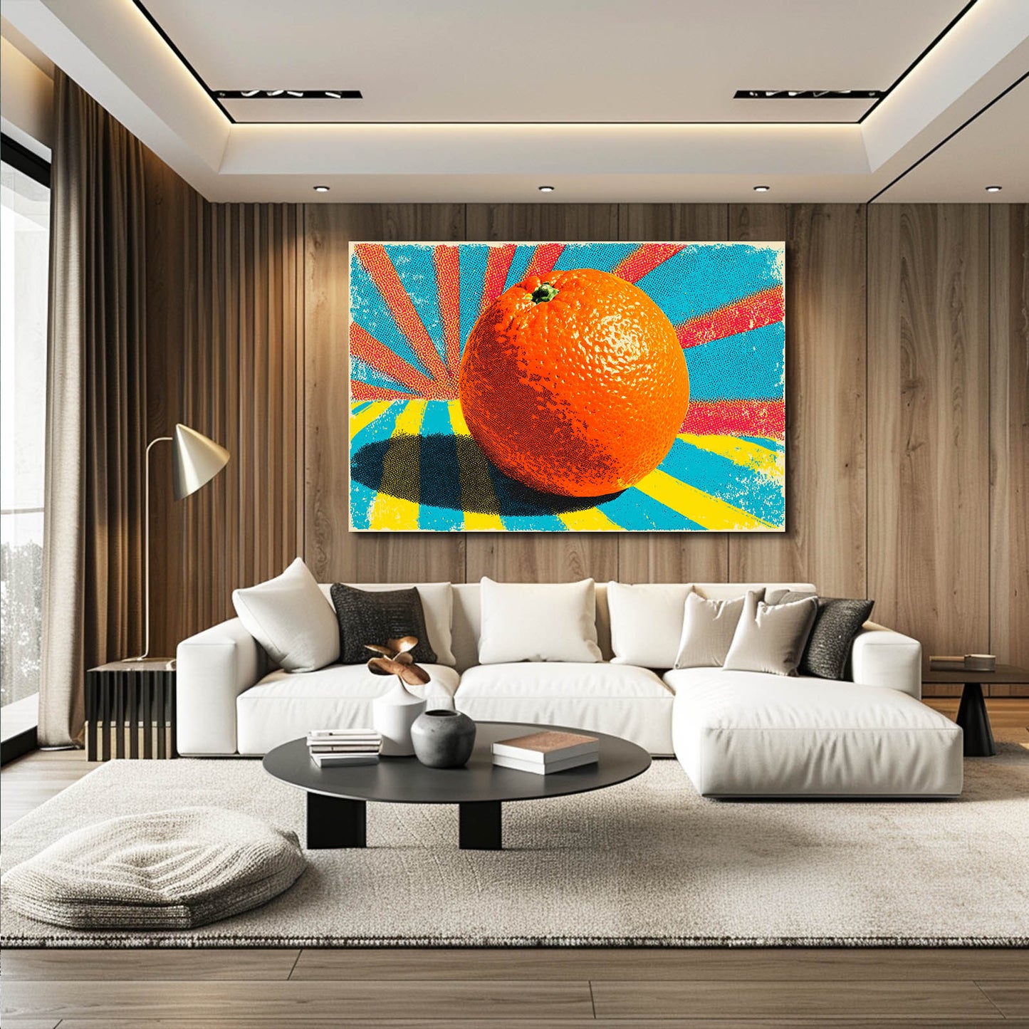 Sunburst Pop Orange Fruit Art – styled in a furnished interior