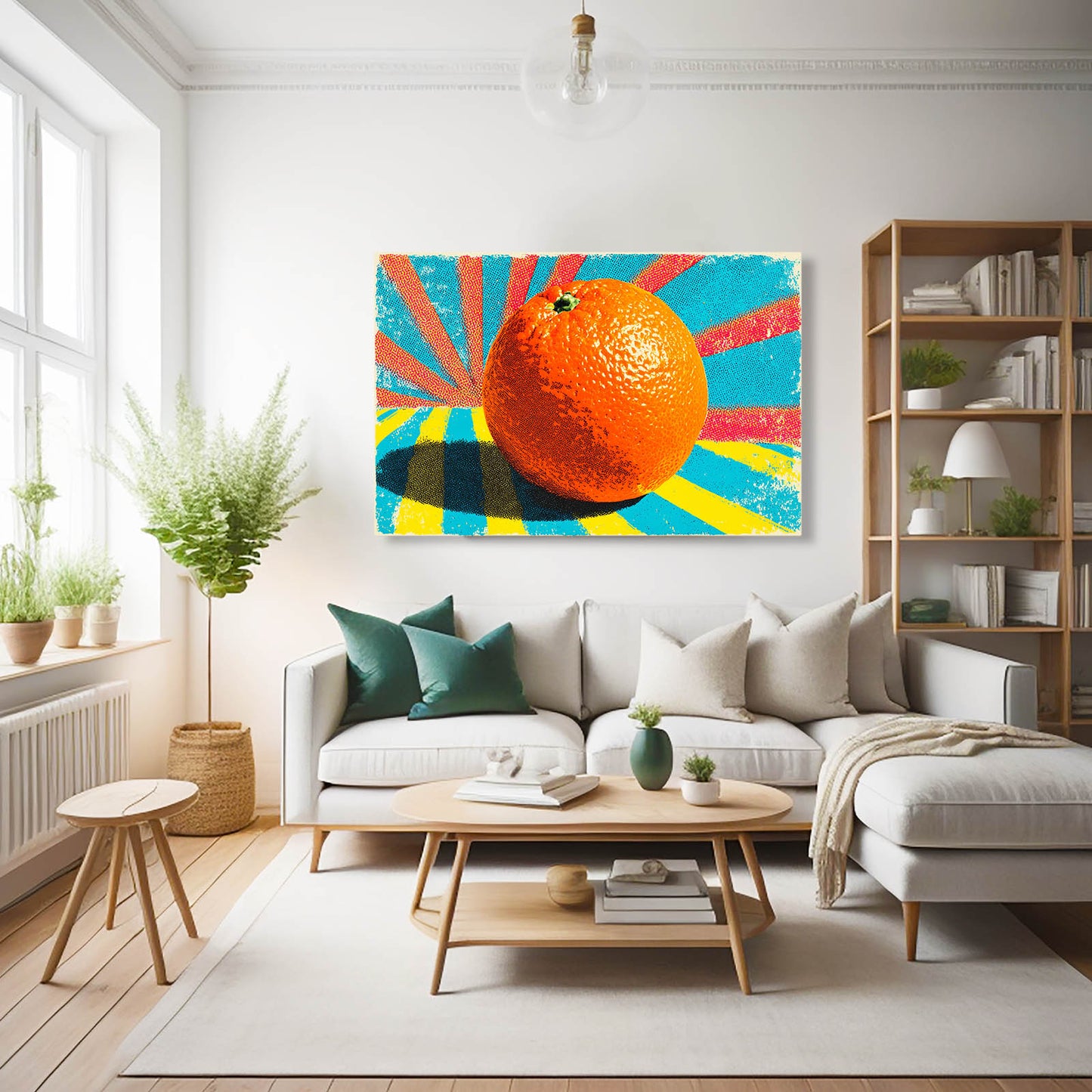 Sunburst Pop Orange Fruit Art – styled in a furnished interior