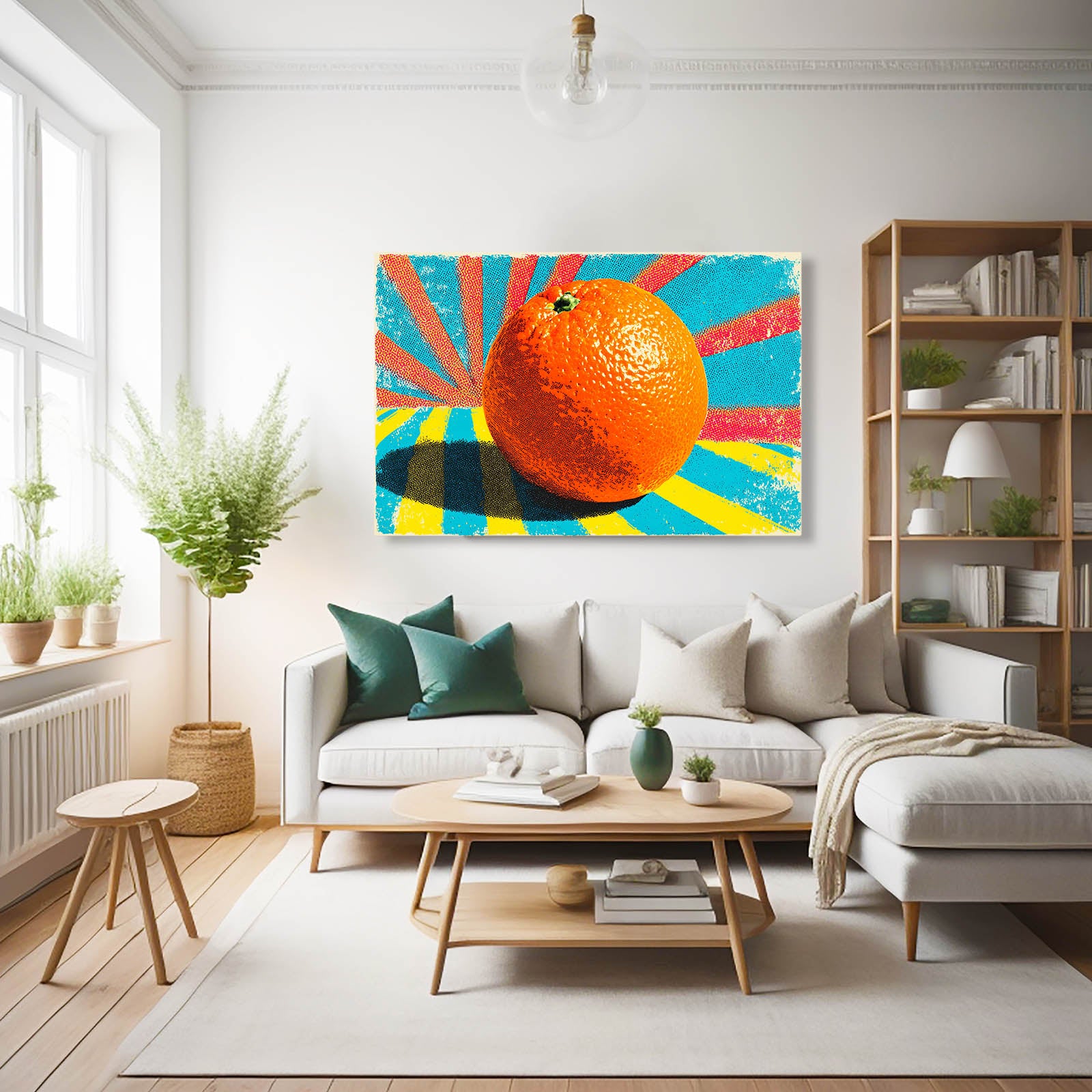 Sunburst Pop Orange Fruit Art – styled in a furnished interior