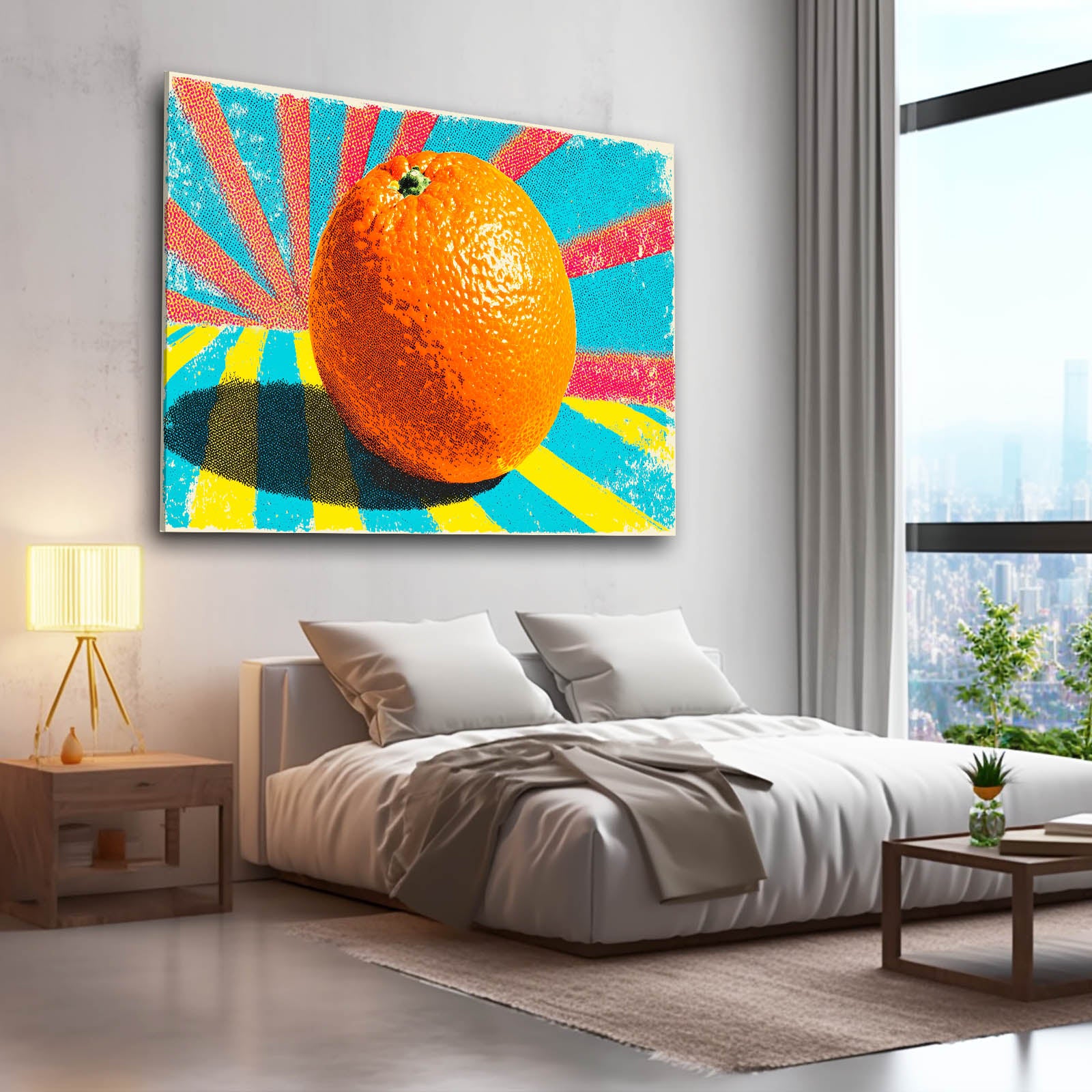 Sunburst Pop Orange Fruit Art – styled in a furnished interior