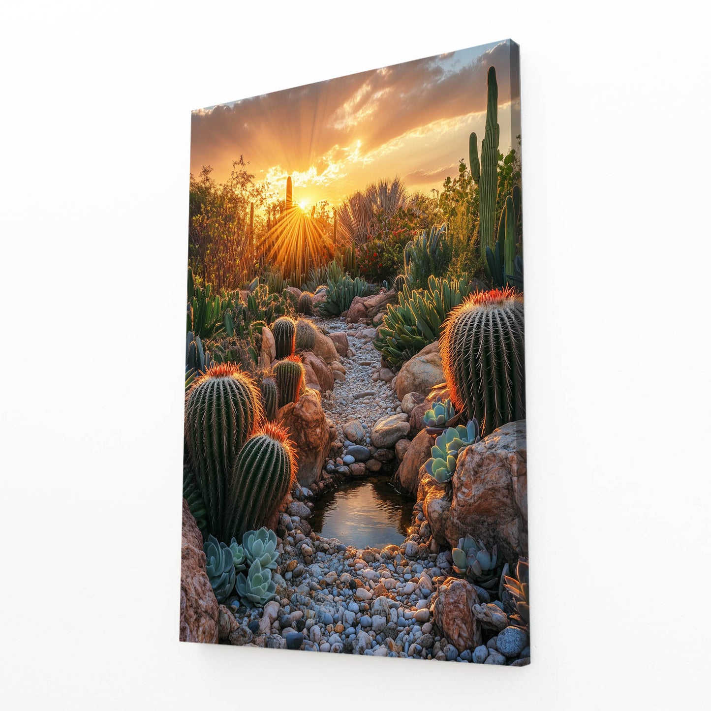 Sunburst Rock Garden Cactus Wall Art – angled canvas view on white background