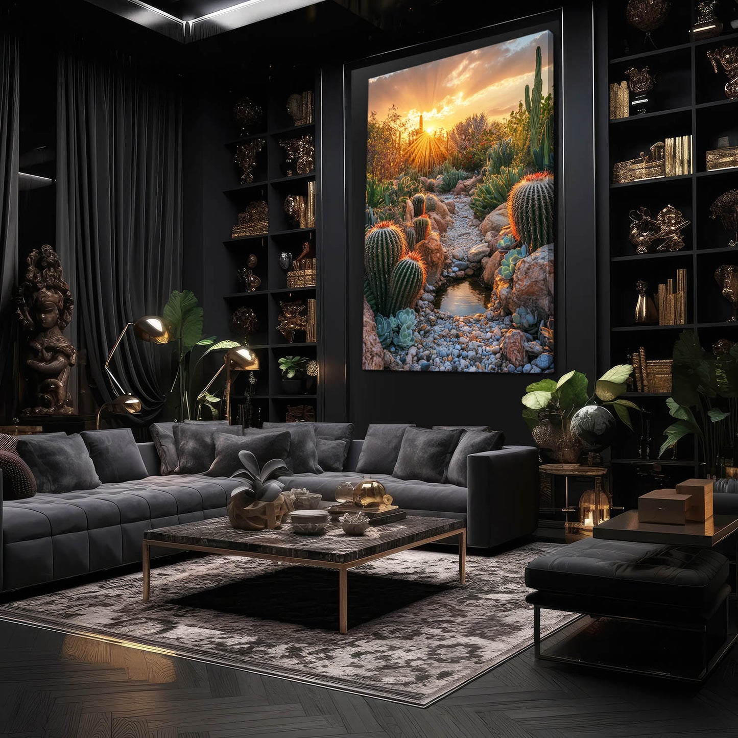 Sunburst Rock Garden Cactus Wall Art – styled in a furnished interior