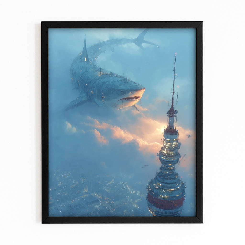 Sunken Spire Mist Shark Canvas – with Premium Black frame on white background