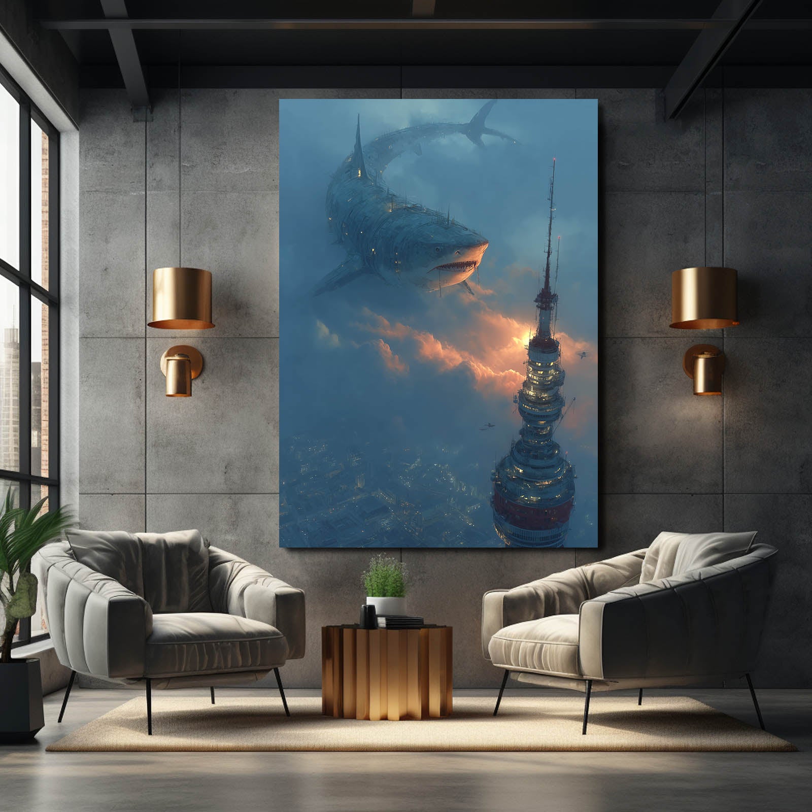 Sunken Spire Mist Shark Canvas – styled in a furnished interior