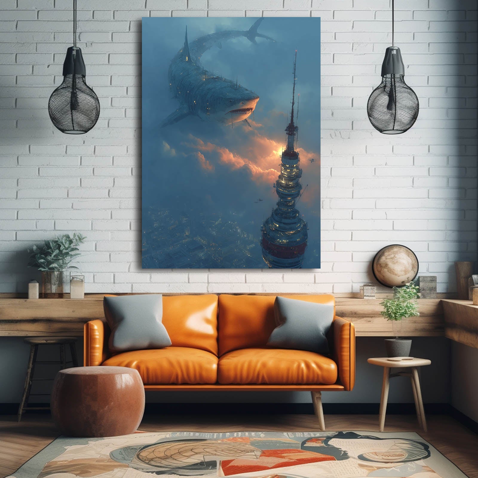 Sunken Spire Mist Shark Canvas – styled in a furnished interior