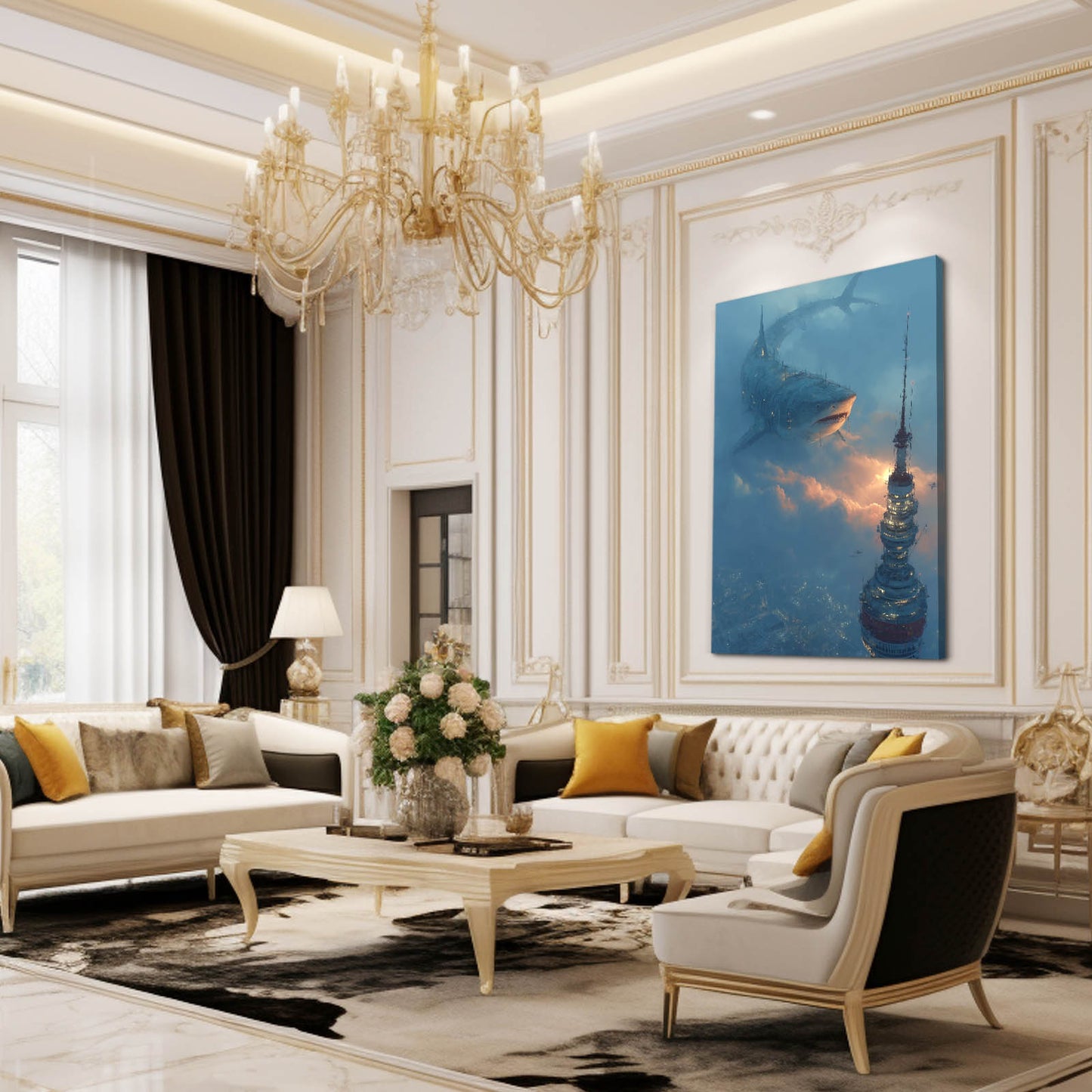Sunken Spire Mist Shark Canvas – styled in a furnished interior