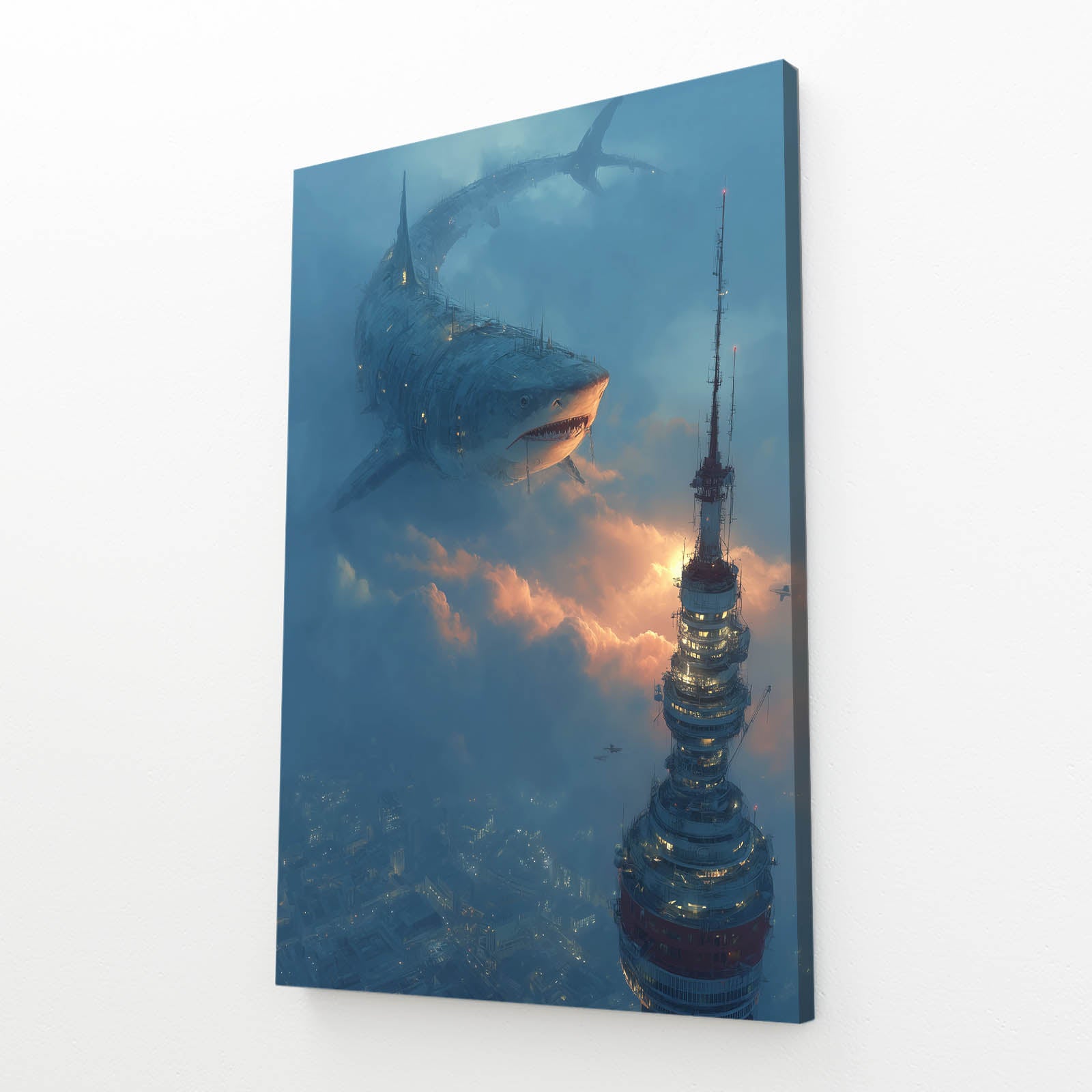 Sunken Spire Mist Shark Canvas – angled canvas view on white background