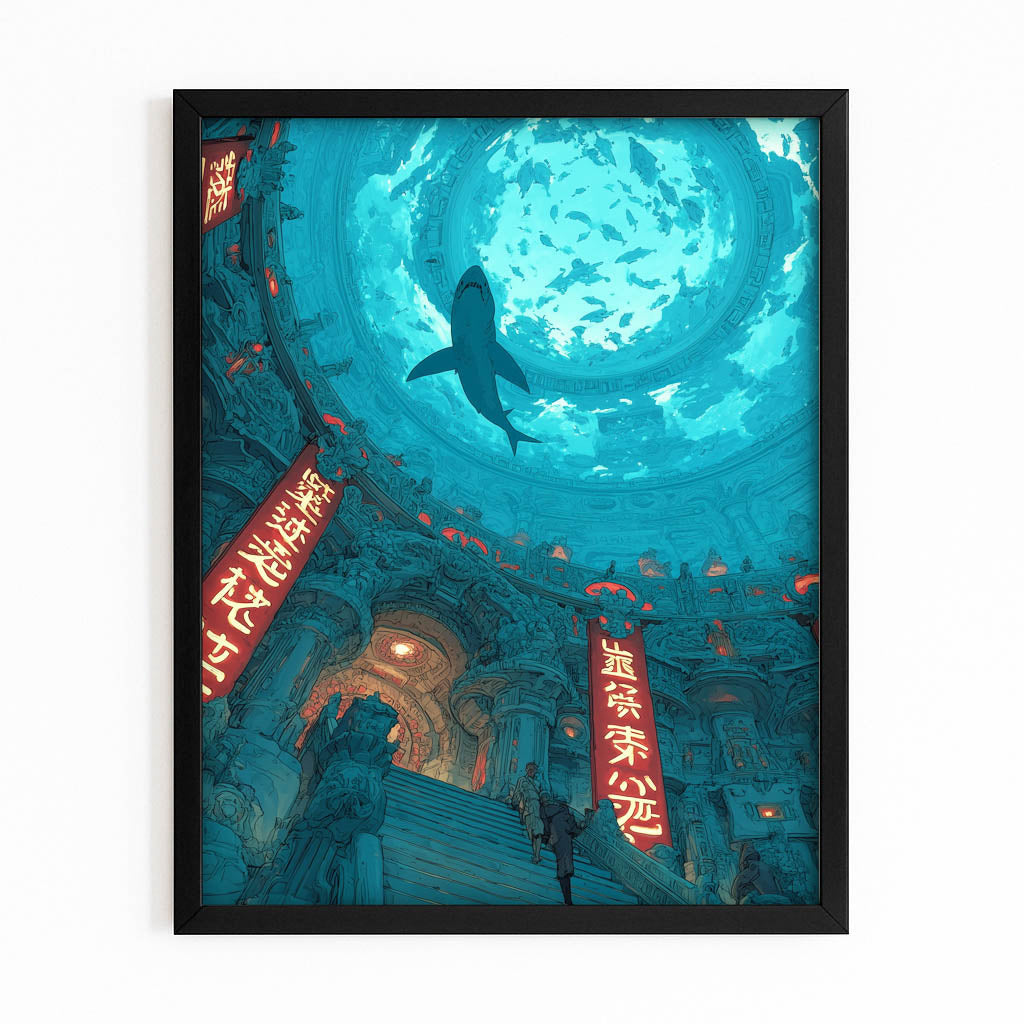 Sunken Temple Teal Shark Wall Art – with Premium Black frame on white background