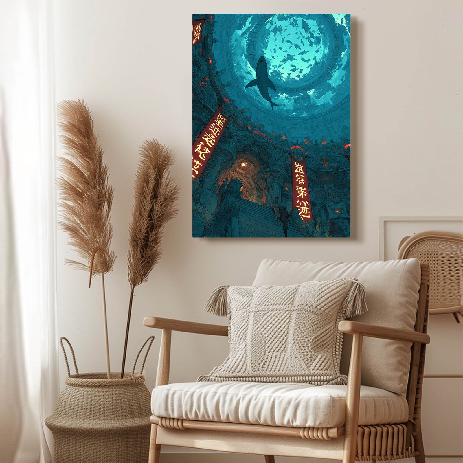Sunken Temple Teal Shark Wall Art – styled in a furnished interior