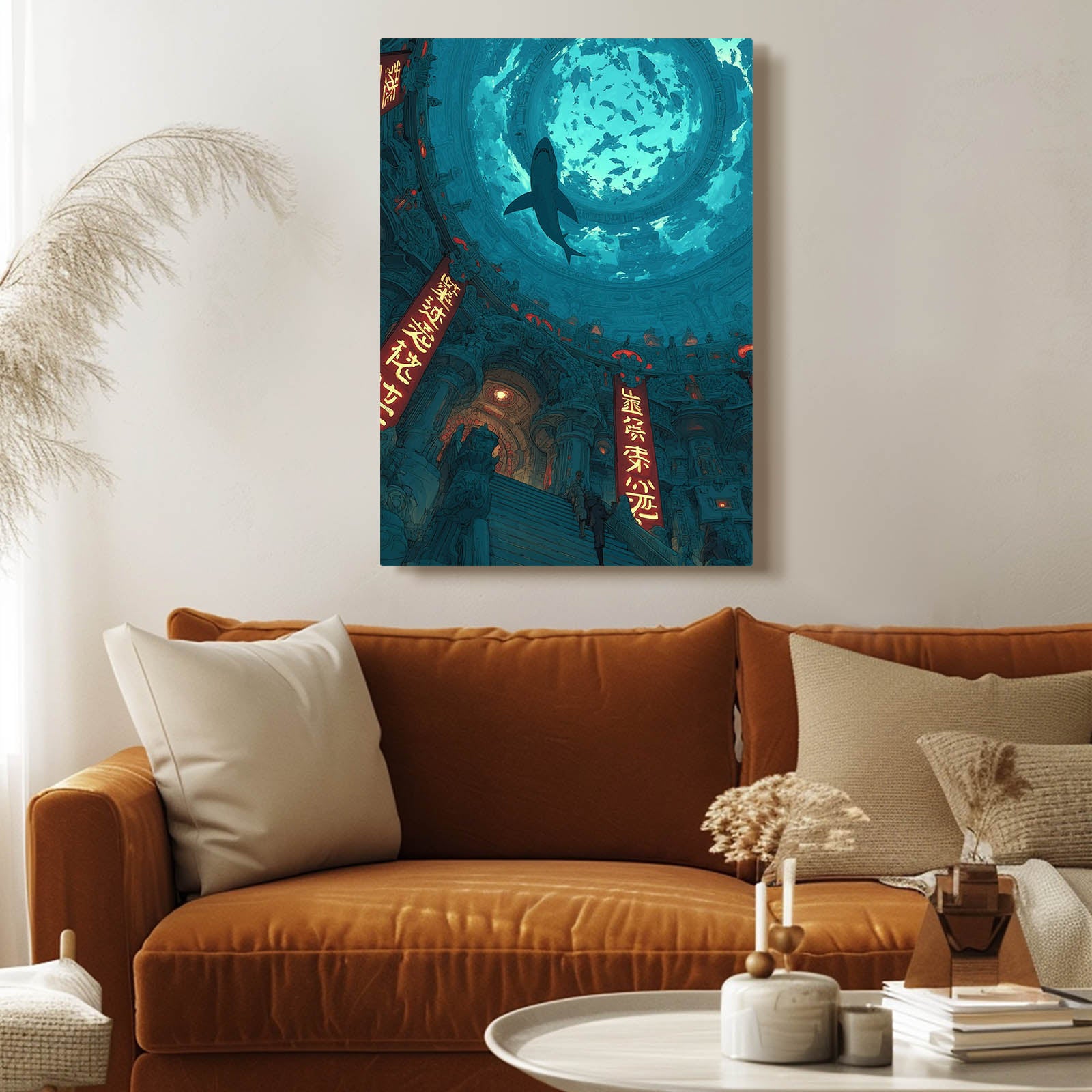 Sunken Temple Teal Shark Wall Art – styled in a furnished interior