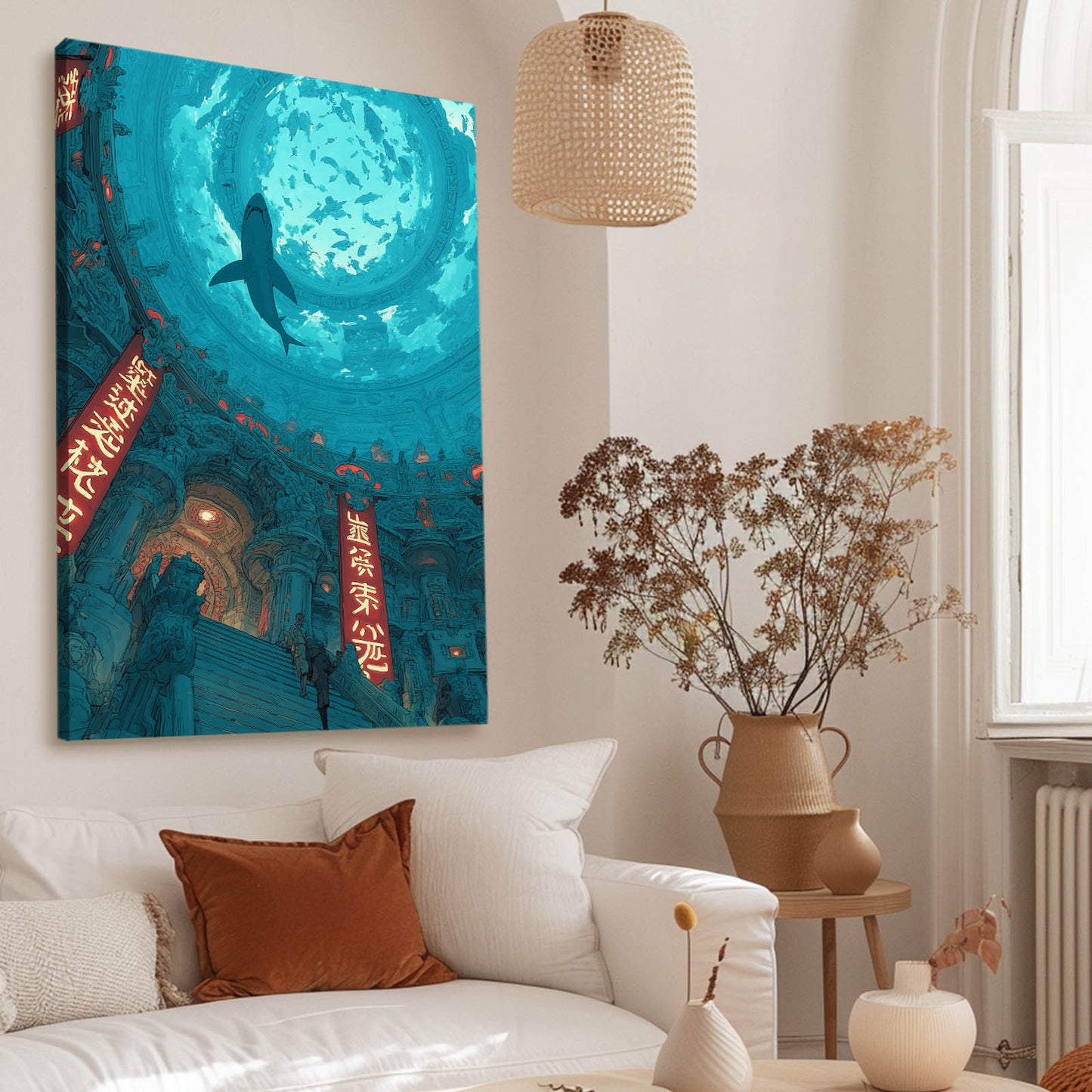 Sunken Temple Teal Shark Wall Art – styled in a furnished interior