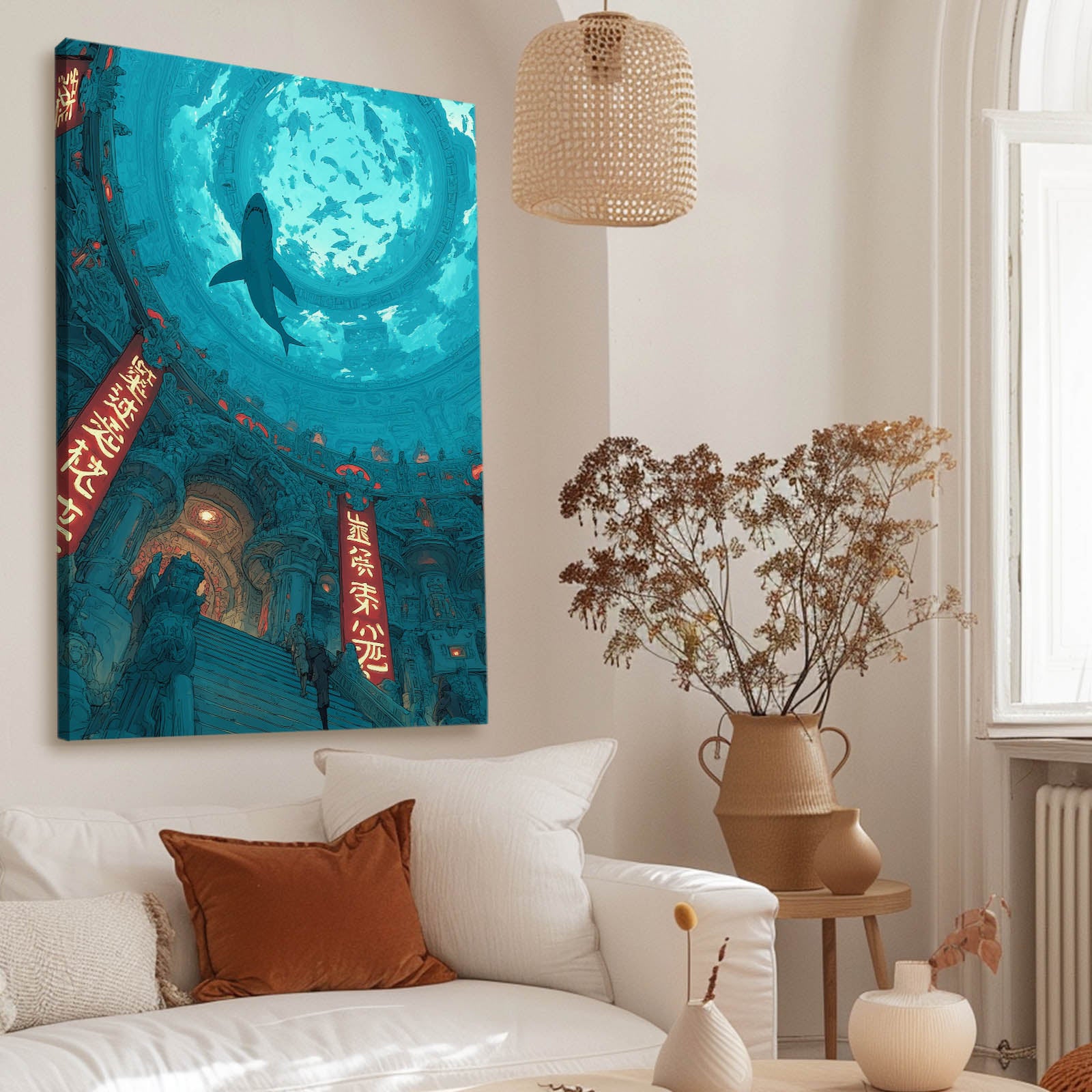 Sunken Temple Teal Shark Wall Art – styled in a furnished interior