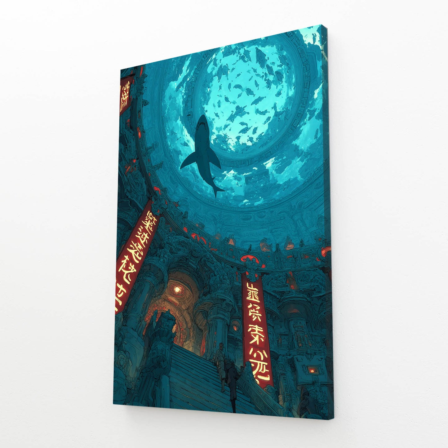 Sunken Temple Teal Shark Wall Art – angled canvas view on white background