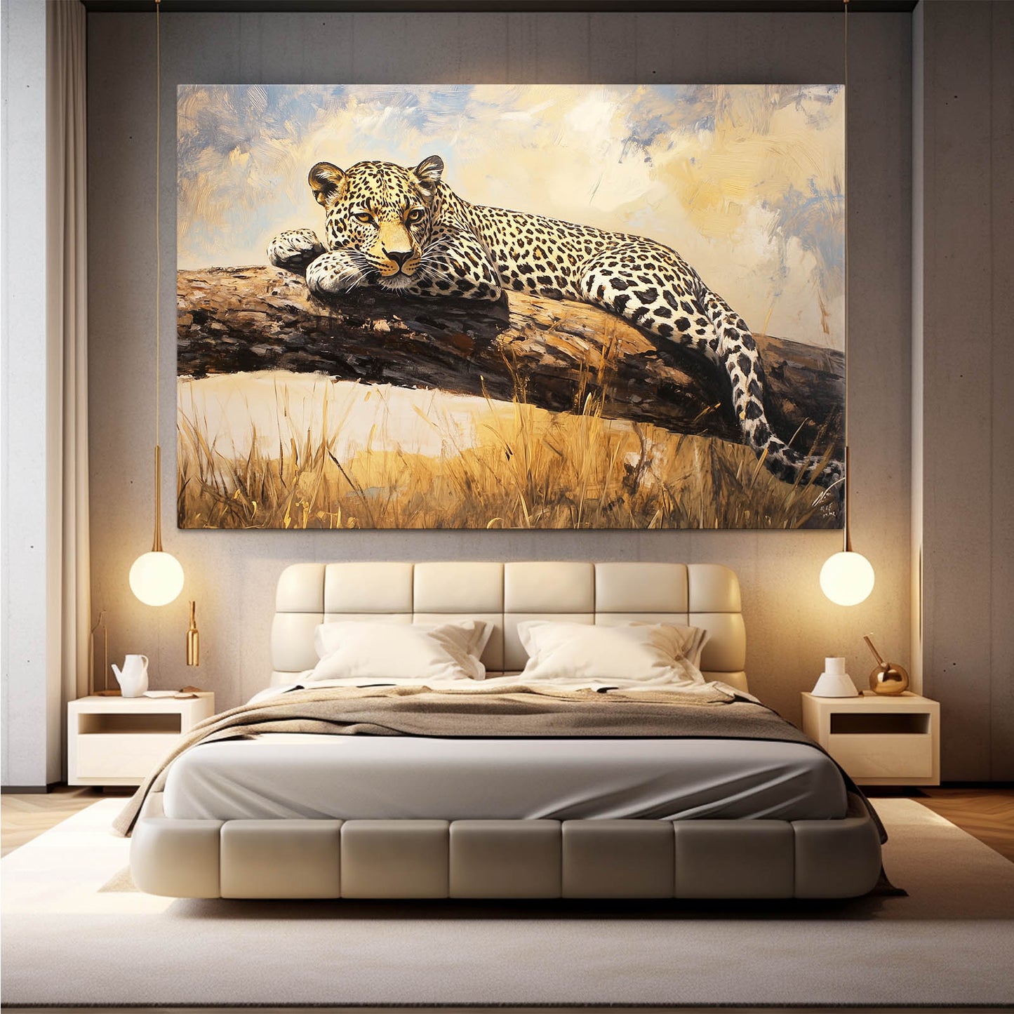 Sunlit Branch Repose Leopard Canvas – styled in a furnished interior