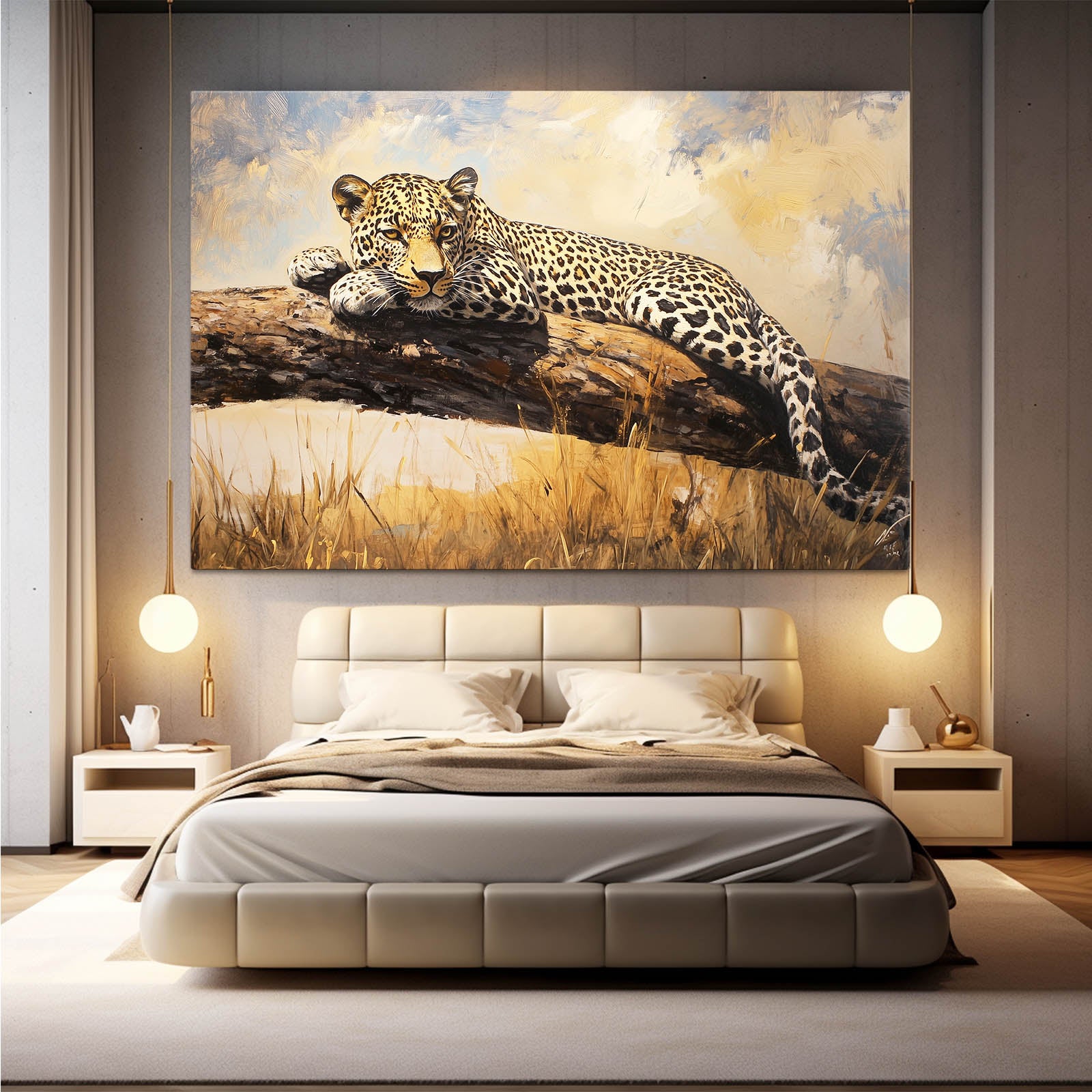 Sunlit Branch Repose Leopard Canvas – styled in a furnished interior