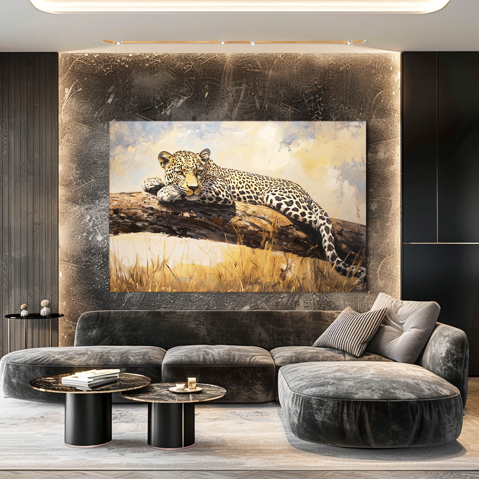 Sunlit Branch Repose Leopard Canvas – styled in a furnished interior