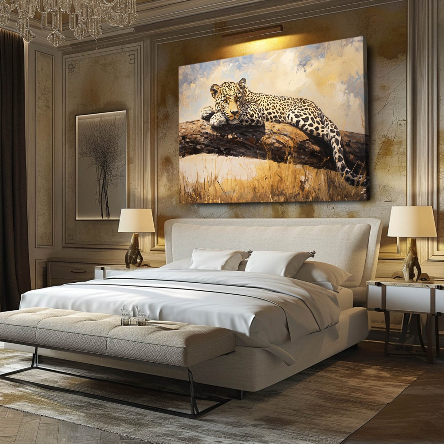 Sunlit Branch Repose Leopard Canvas – styled in a furnished interior
