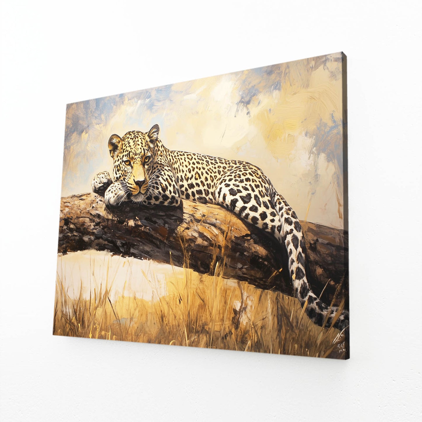 Sunlit Branch Repose Leopard Canvas – angled canvas view on white background
