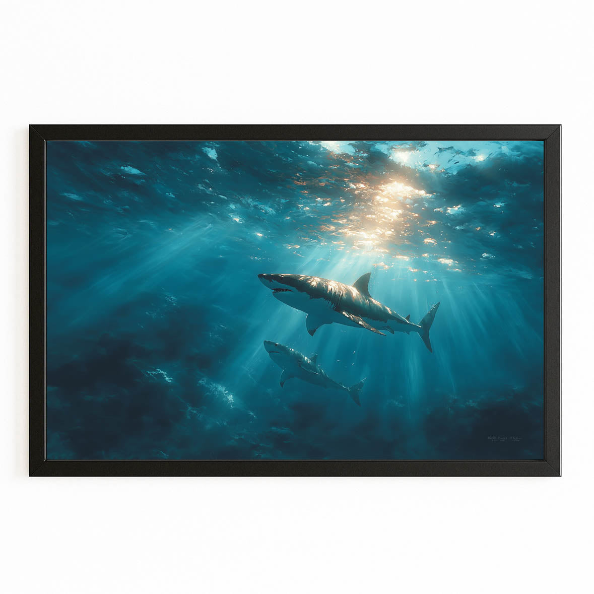 Sunlit Deep Ocean Shark Wall Art – with Premium Black frame on white background