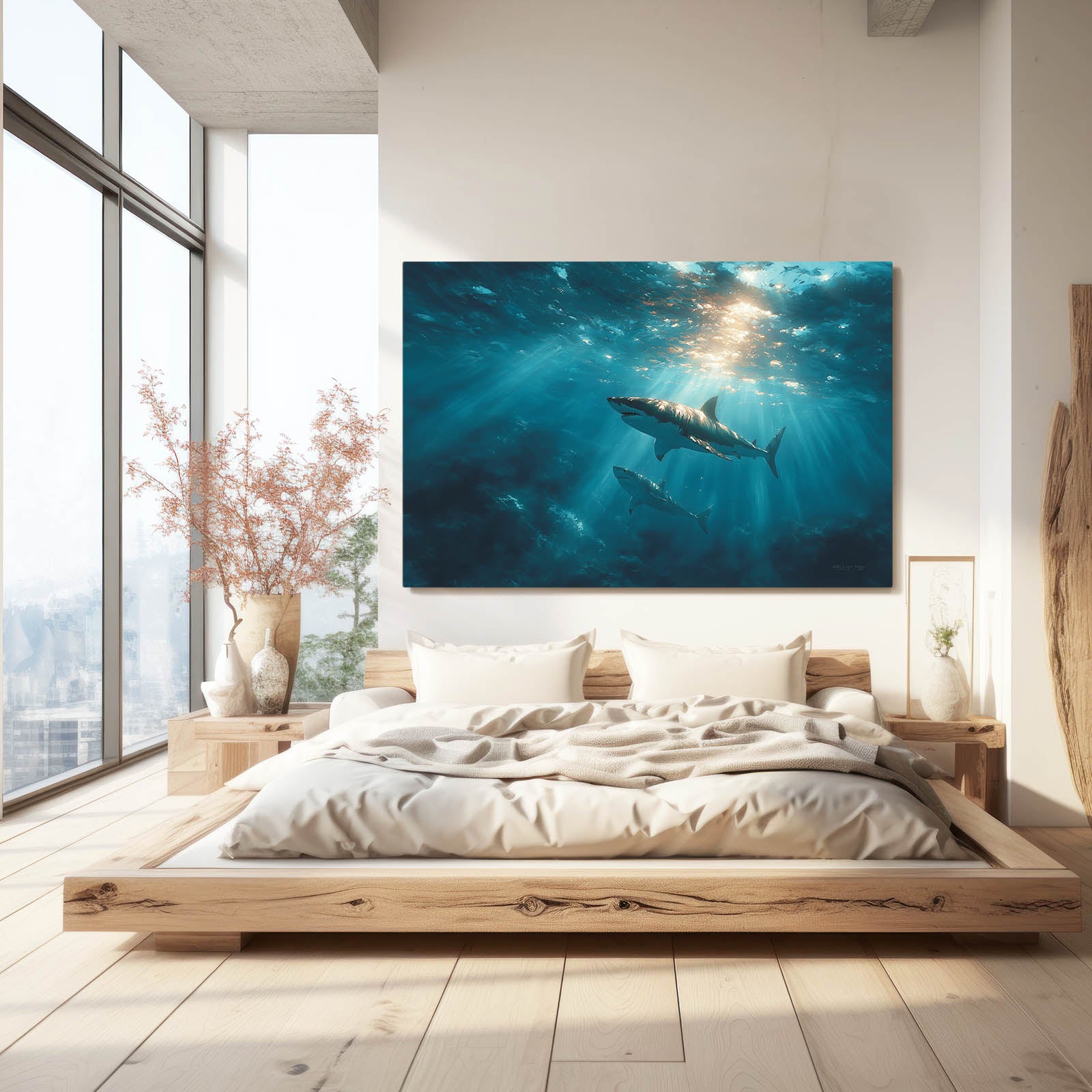 Sunlit Deep Ocean Shark Wall Art – styled in a furnished interior