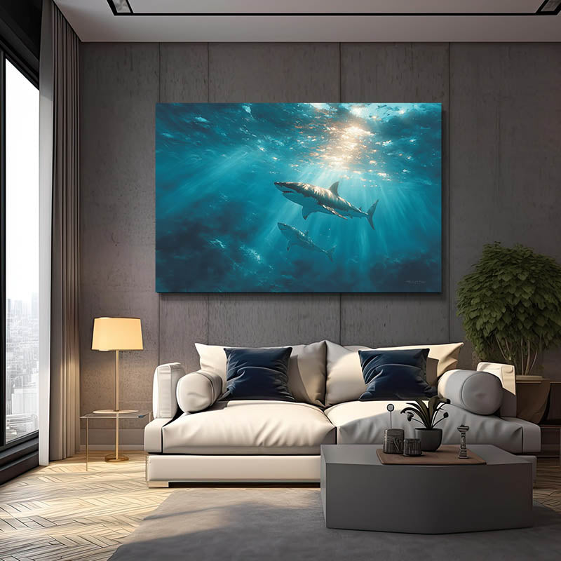 Sunlit Deep Ocean Shark Wall Art – styled in a furnished interior