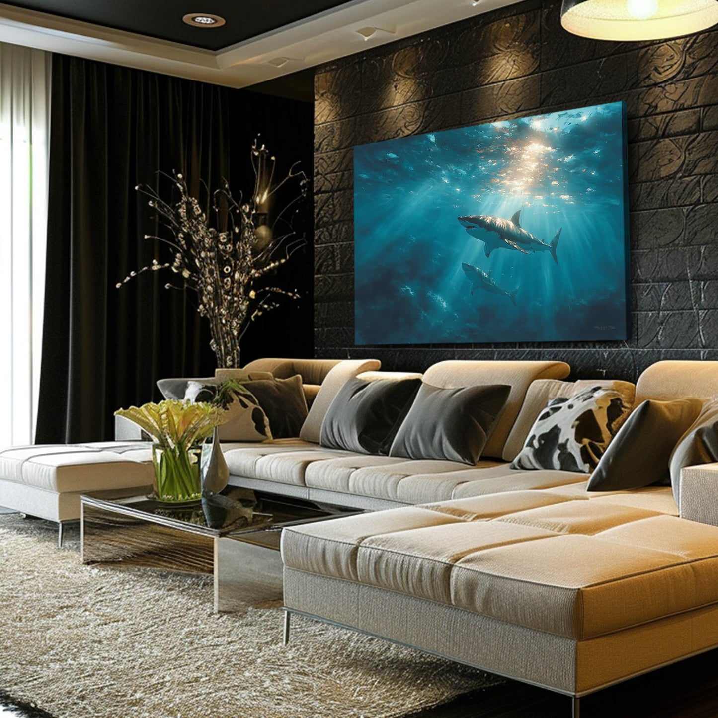 Sunlit Deep Ocean Shark Wall Art – styled in a furnished interior