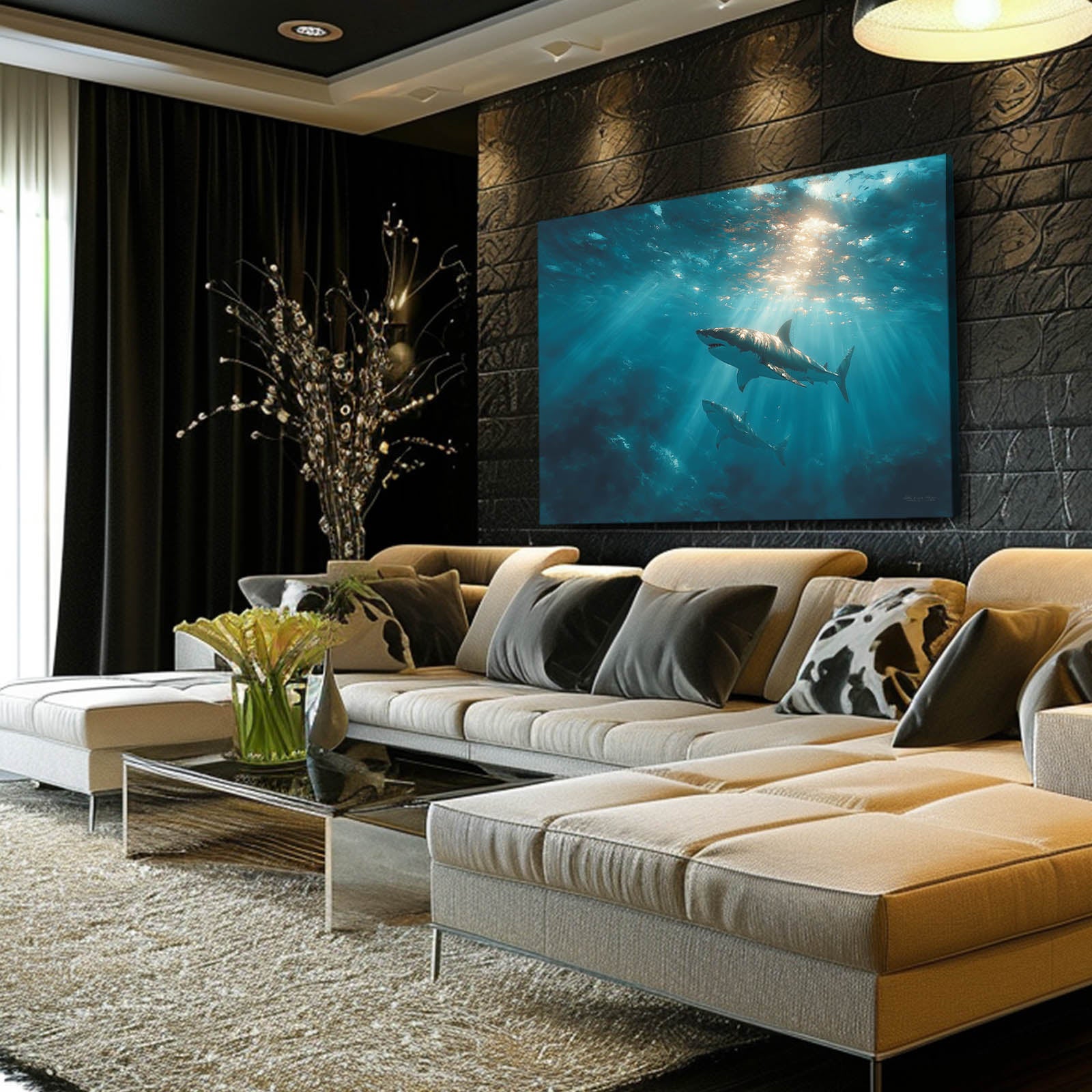 Sunlit Deep Ocean Shark Wall Art – styled in a furnished interior
